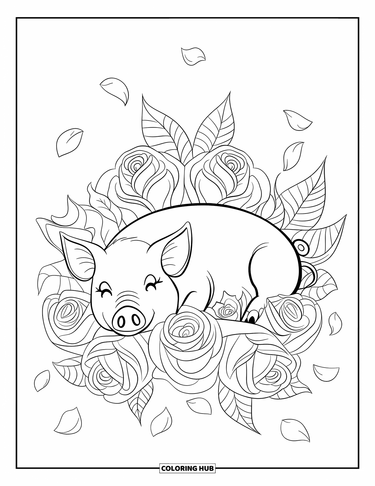 Desenho de Porco para Colorir para Adultos: Um porco deita de lado, cercado por rosas intrincadas e pétalas espalhadas