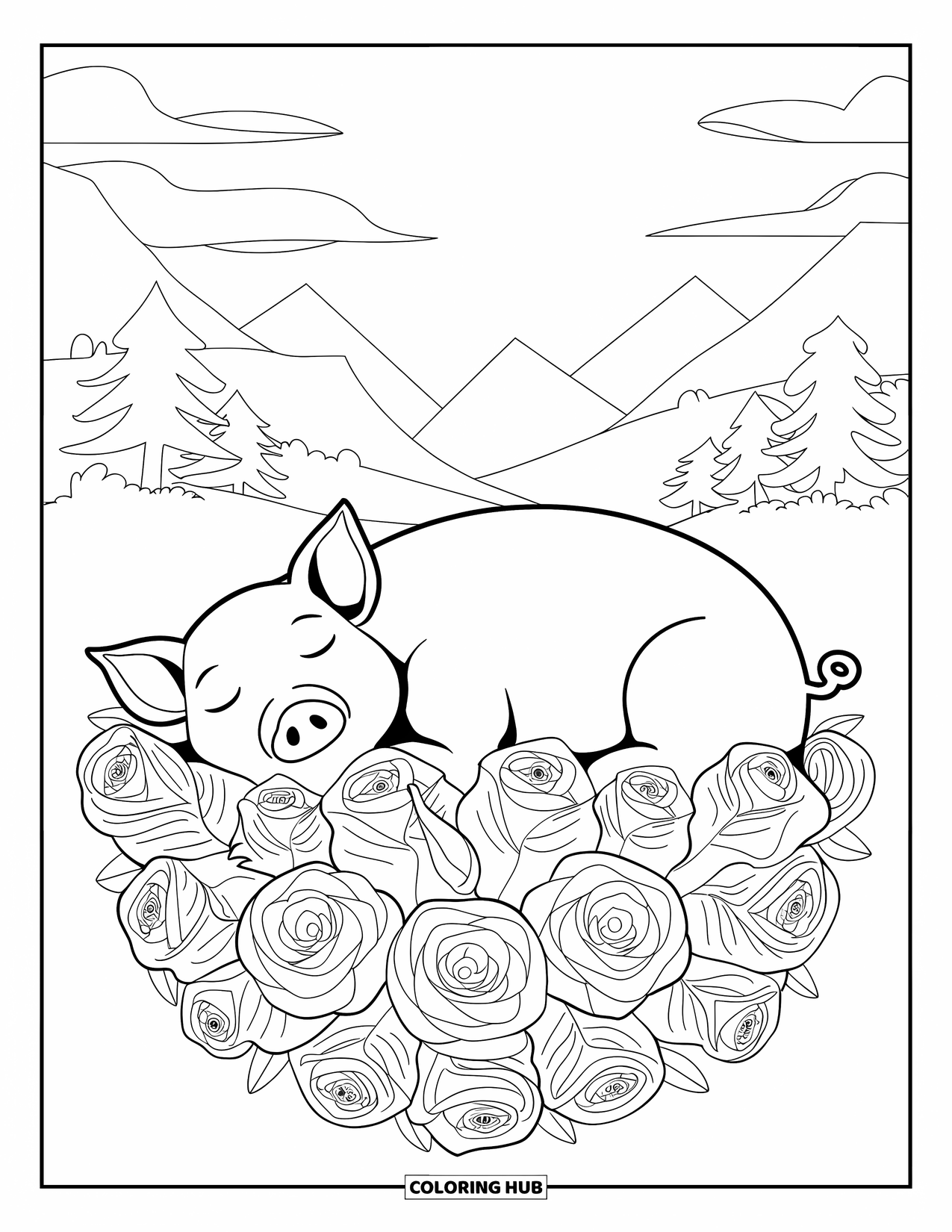 Desenho de Porco para Colorir para Adultos: Um porco descansa entre rosas lindamente detalhadas em um ambiente floral tranquilo