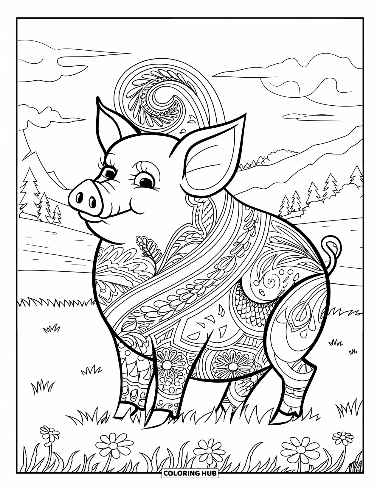 Desenho de Porco para Colorir para Adultos: Um porco descansa em um campo gramado, cercado por padrões paisley giratórios e flores