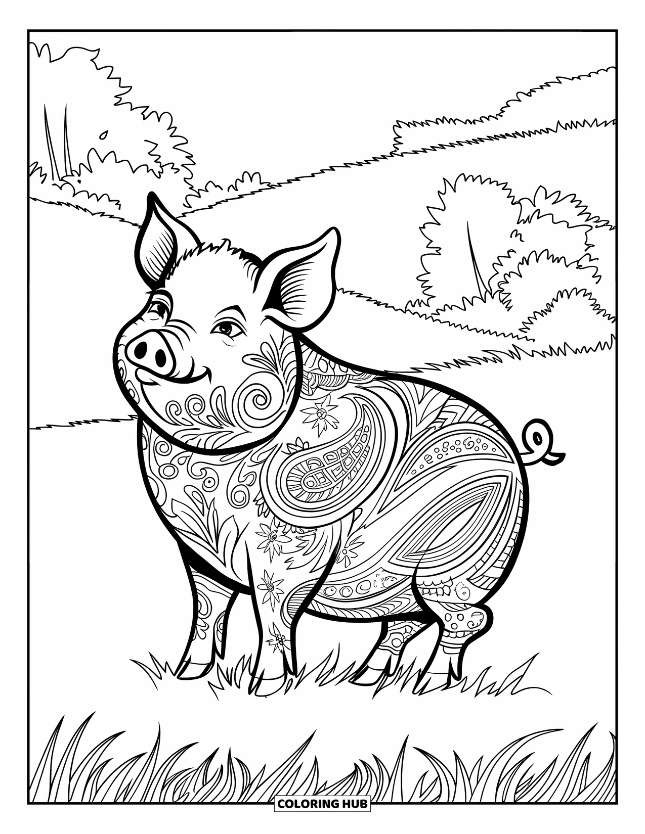 Desenho de Porco para Colorir para Adultos: Um porco senta em um campo gramado cercado por padrões paisley giratórios e árvores