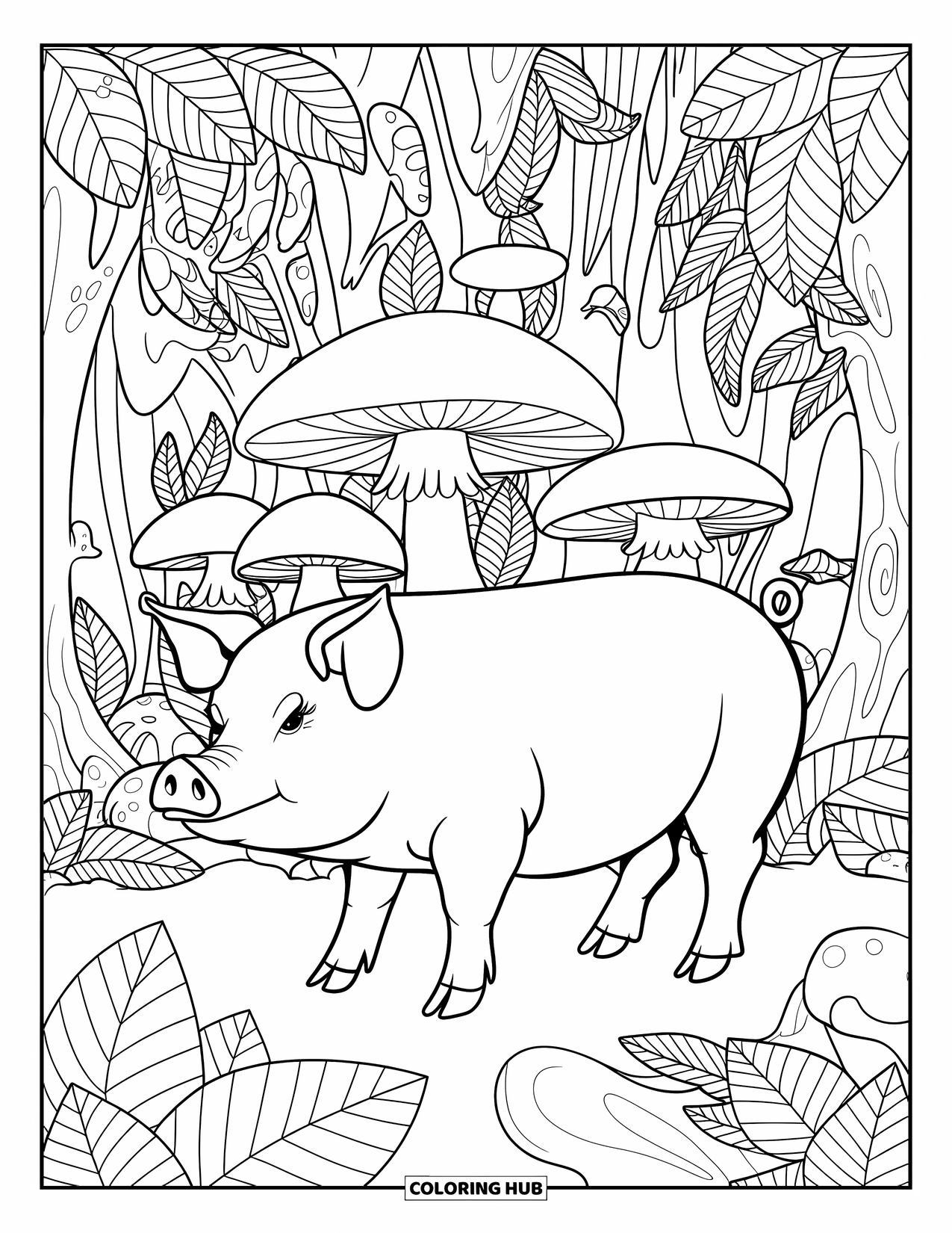 Desenho de porco para colorir para adultos: Um porco em uma floresta mística cheia de cogumelos, trepadeiras e folhas detalhadas