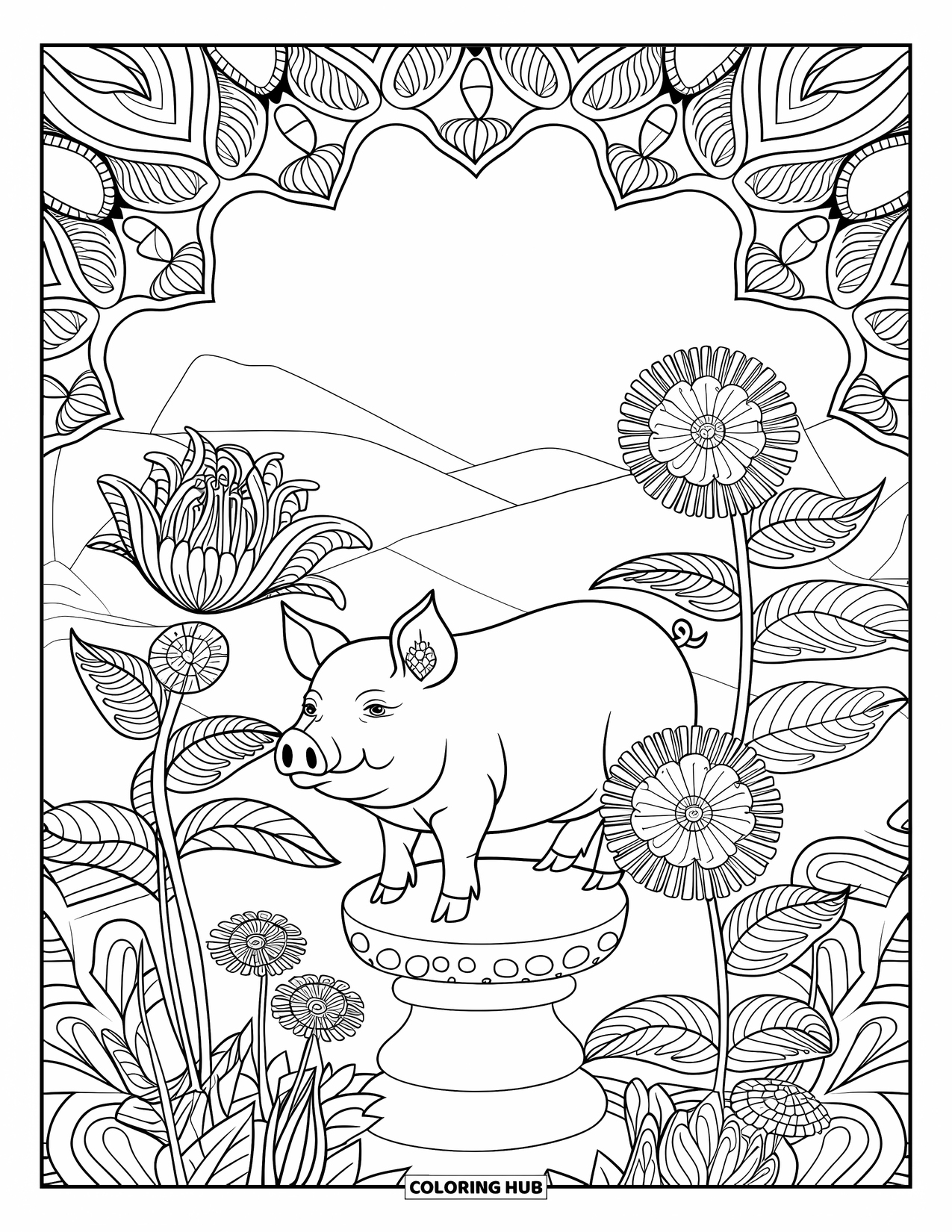 Desenho de Porco para Colorir para Adultos: Um porco fica em um pedestal de pedra em um jardim floral com um padrão semelhante a uma mandala