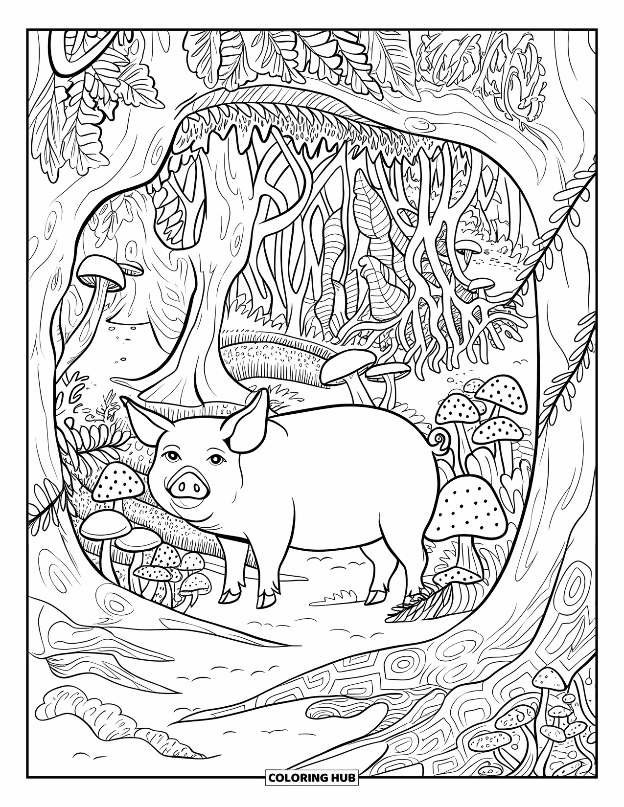 Desenho de Porco para Colorir para Adultos: Um porco fica em um chão coberto de musgo, cercado por trepadeiras exuberantes, folhas e cogumelos