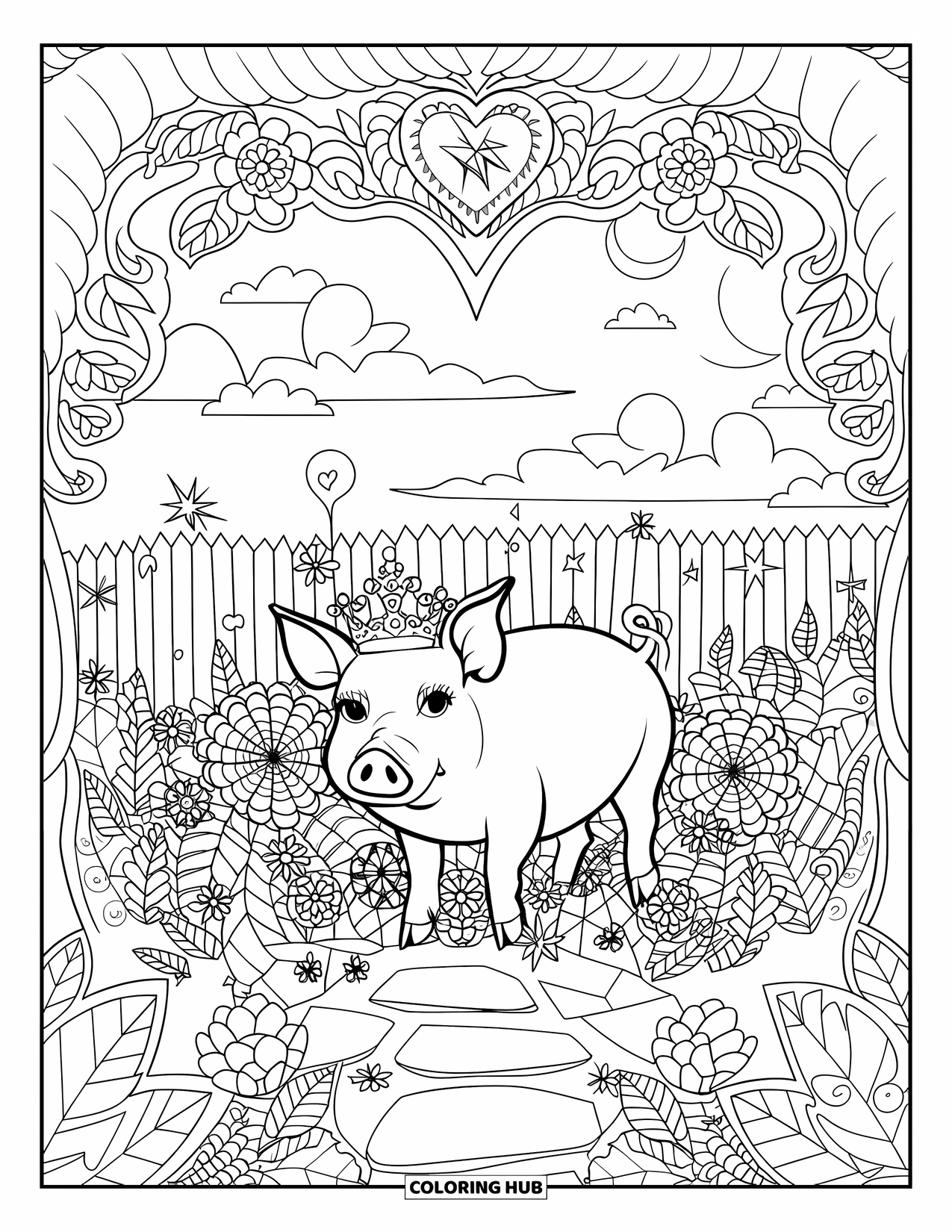 Desenho de Porco para Colorir para Adultos: Um porco usando uma coroa fica em um jardim caprichoso com um caminho de pedra e cerca