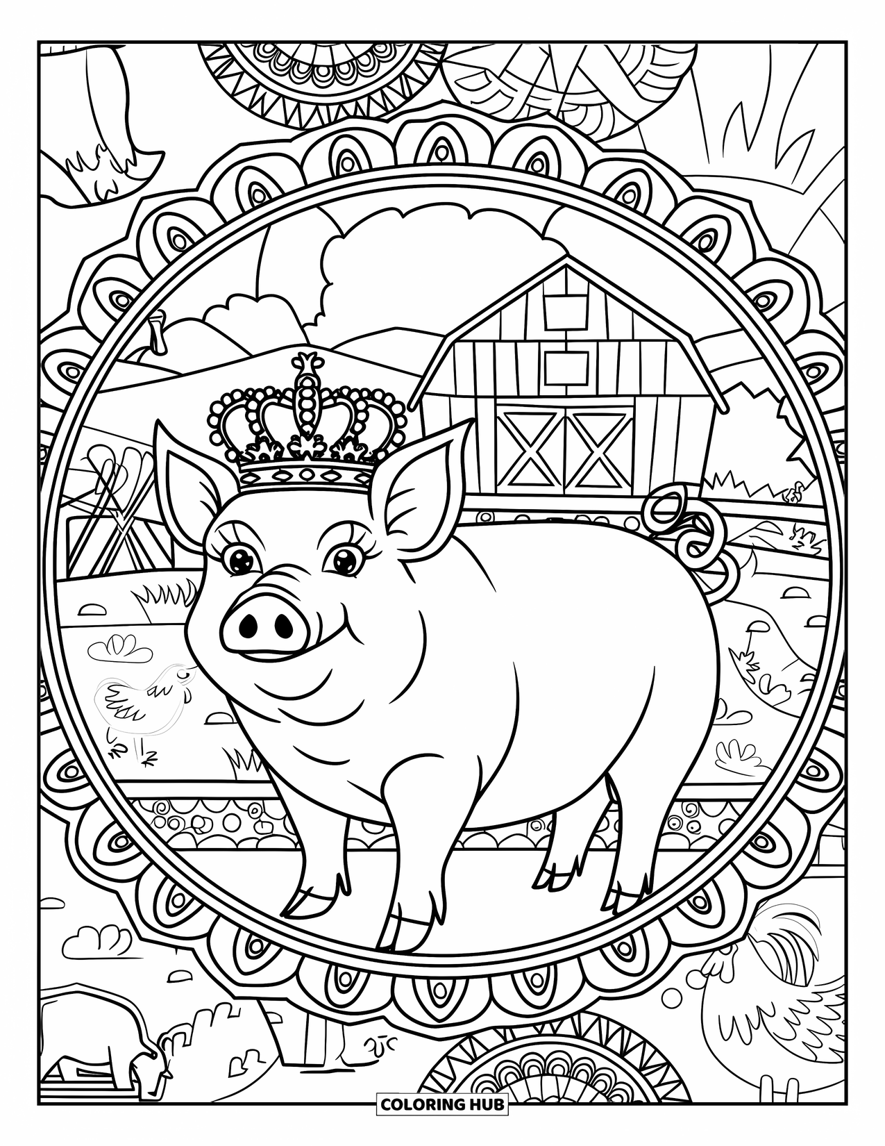 Desenho de porco para colorir para adultos: Um porco com uma coroa real em uma cena de fazenda ornamentada com um padrão tipo mandala