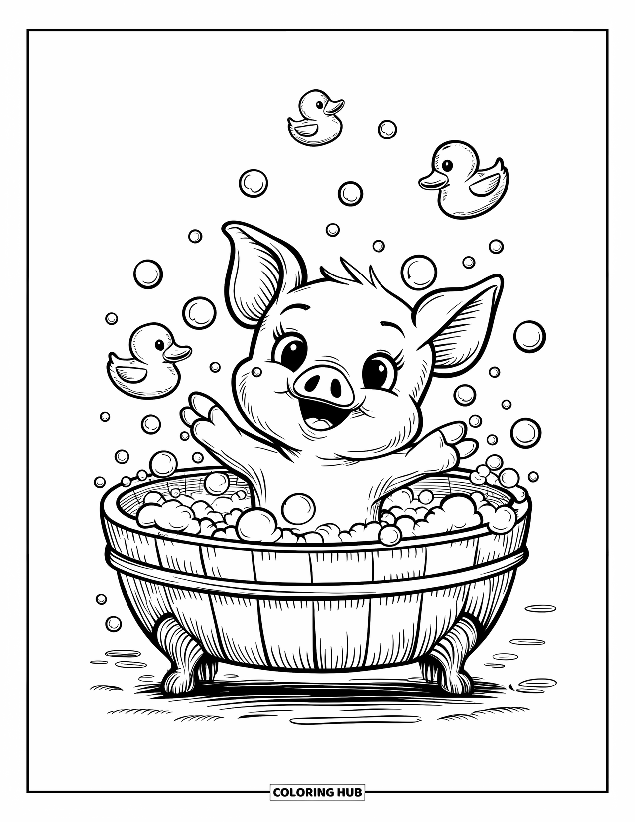 Desenho de Porco para Colorir para Adultos: Um leitão desfrutando de um banho de espuma com patinhos de borracha flutuando ao redor