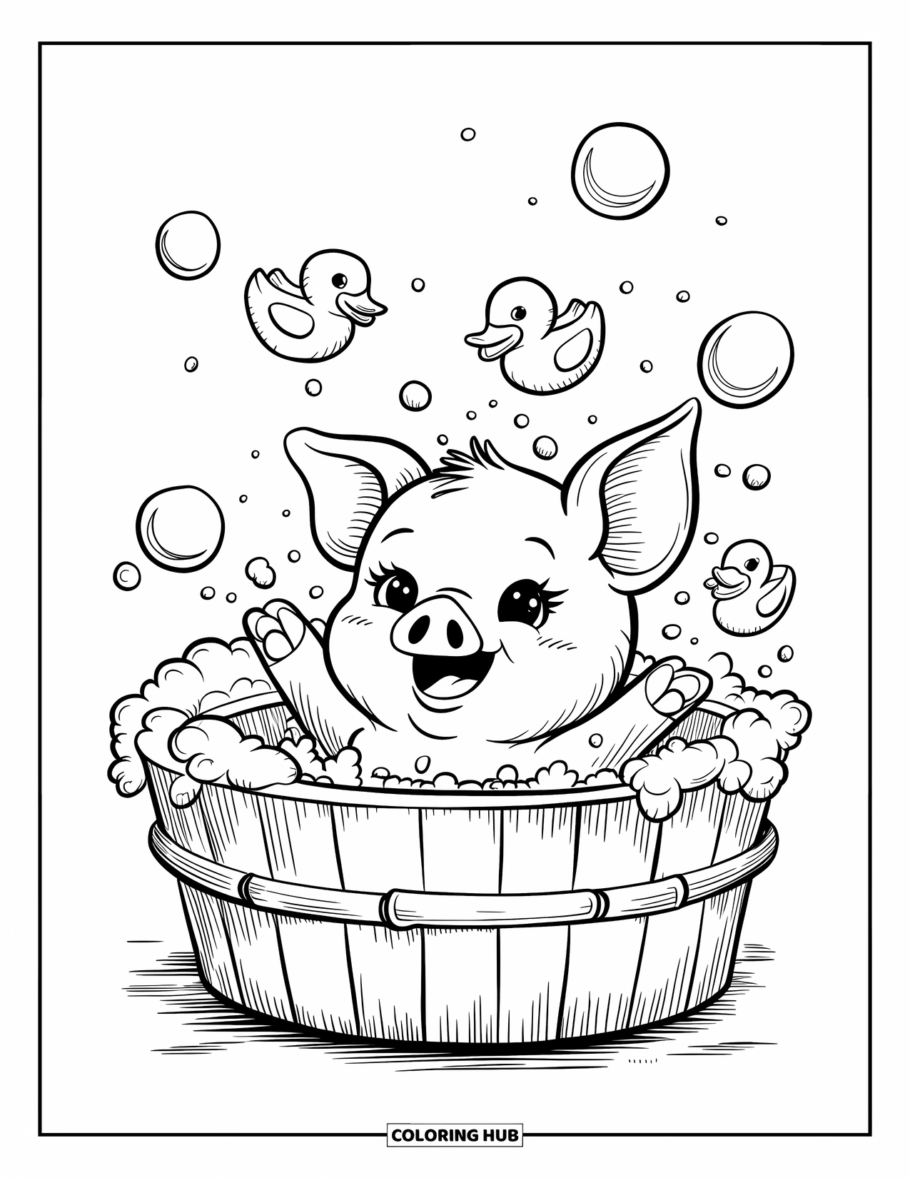 Desenho de Porco para Colorir para Adultos: Um leitão tomando banho alegremente em uma banheira de madeira enquanto bolhas flutuam no ar