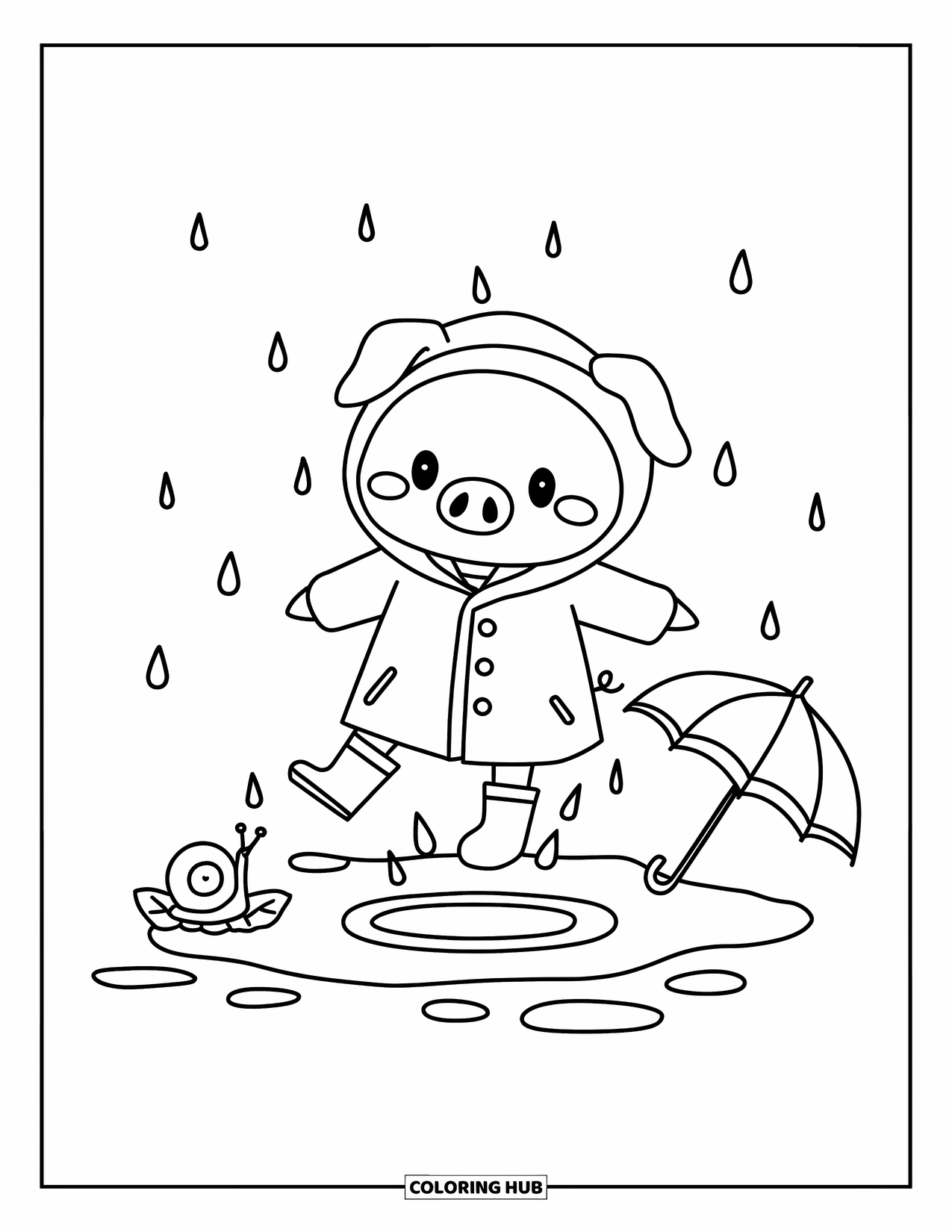 Desenho de Porco para Colorir para Adultos: Um leitão de capa de chuva pulando alegremente em uma poça enquanto gotas de chuva caem