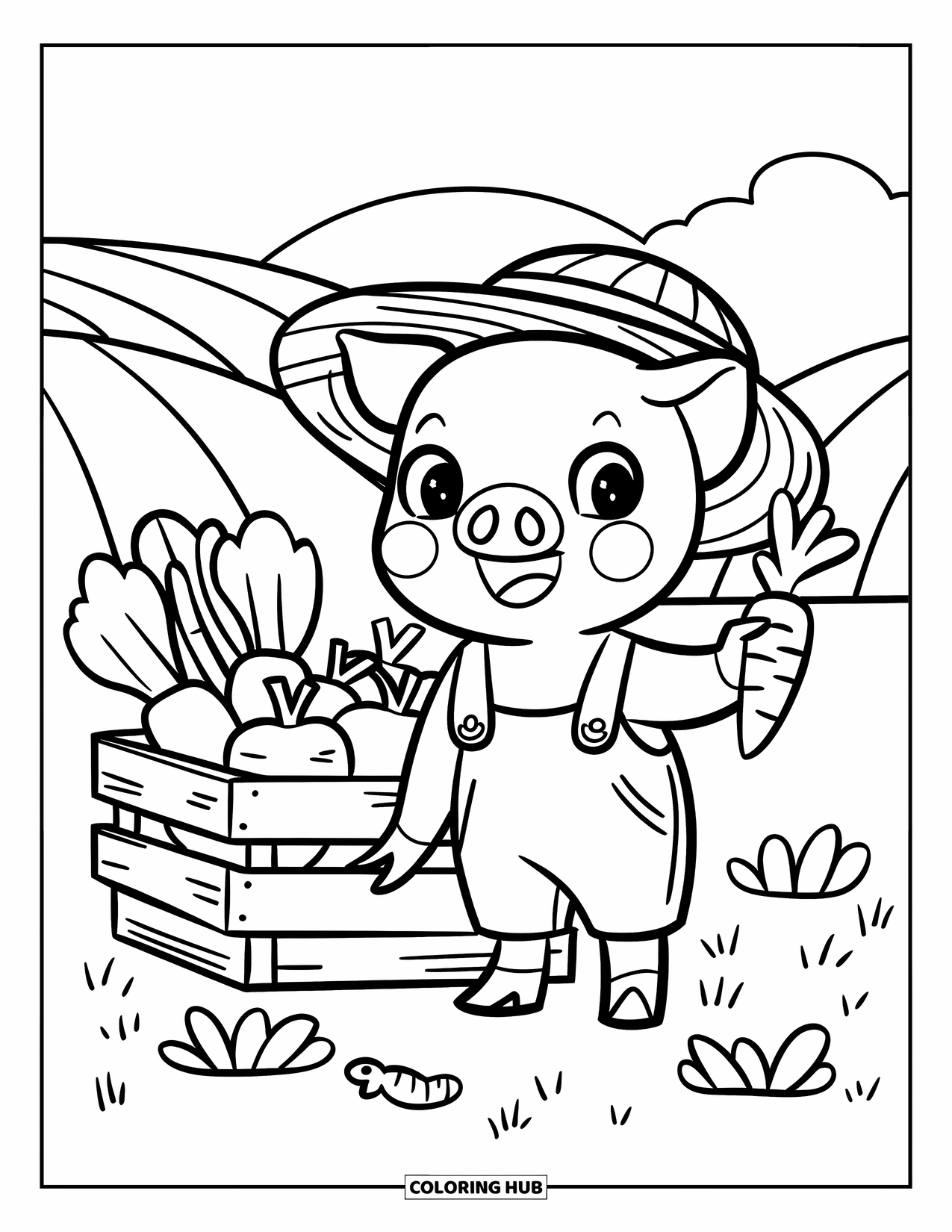 Desenho de Porco para Colorir para Adultos: Um leitão de macacão e chapéu de palha segurando uma cenoura ao lado de um engradado de vegetais