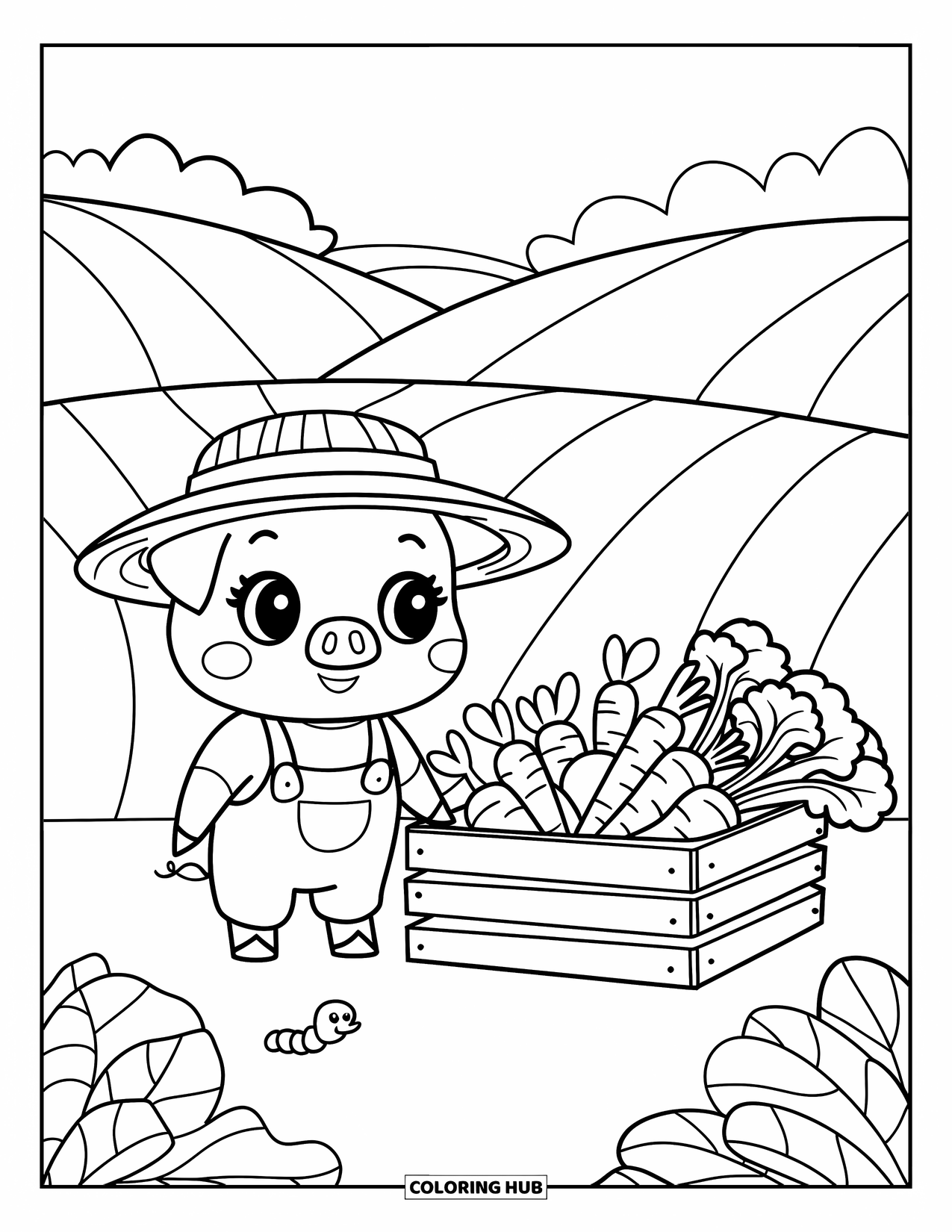 Desenho de Porco para Colorir para Adultos: Um leitão de macacão em pé ao lado de um engradado cheio de vegetais da fazenda