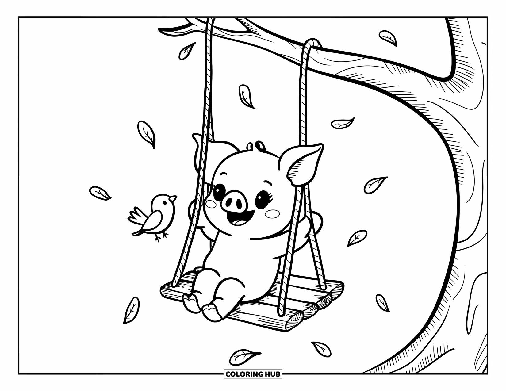 Desenho de Porco para Colorir para Adultos: Um leitão balançando alegremente em uma árvore enquanto um pequeno pássaro se empoleira por perto