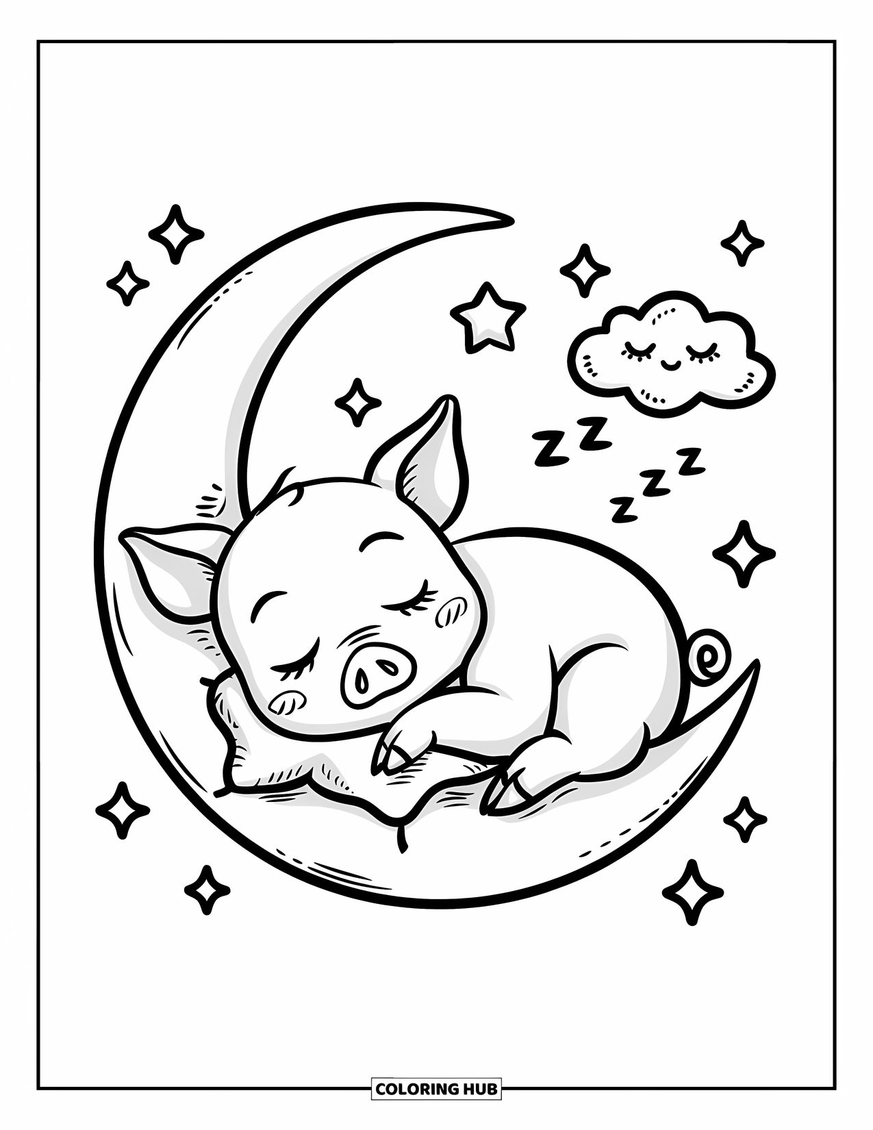 Desenho de Porco para Colorir para Adultos: Um leitão dormindo pacificamente em uma lua crescente, abraçando um travesseiro em forma de estrela