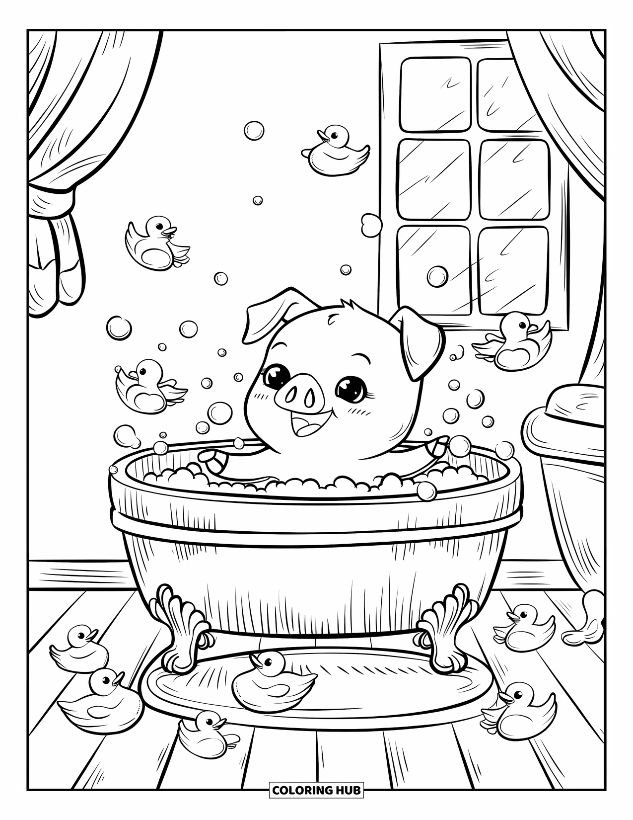 Desenho de Porco para Colorir para Adultos: Um leitão chapinhando em uma banheira de madeira cheia de bolhas e pequenos patinhos de borracha