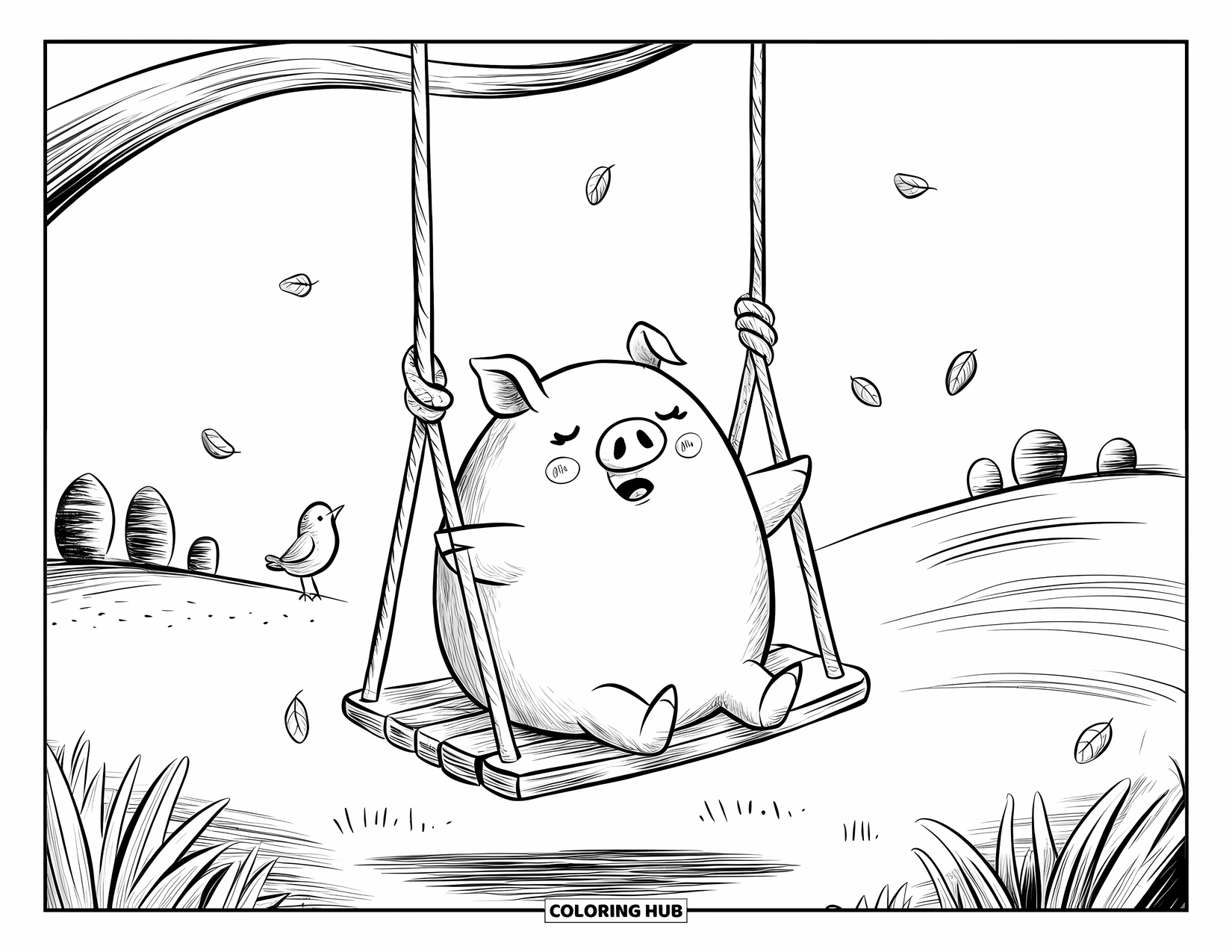 Desenho de Porco para Colorir para Adultos: Um leitão de olhos fechados balançando sob uma árvore com pequenas folhas caindo ao redor