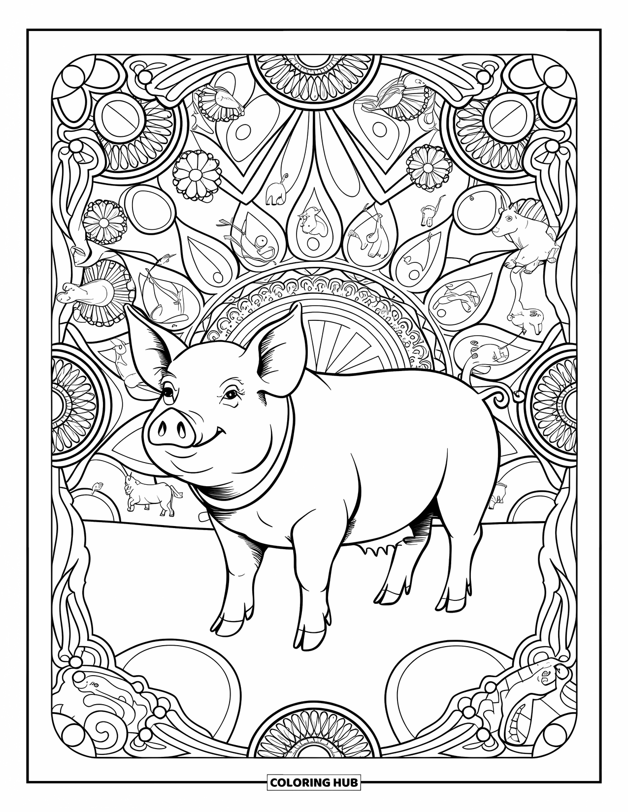 Desenho de Porco para Colorir para Adultos: Um porco real em uma cena de fazenda estampada cercada por redemoinhos, animais e detalhes florais