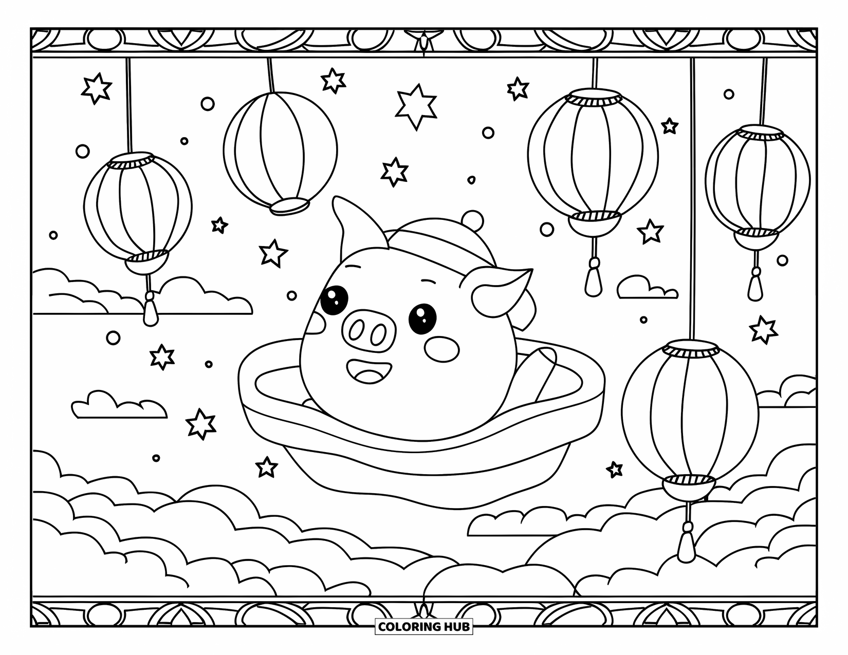 Desenho de Porco para Colorir para Adultos: Um porco sorrindo flutua entre lanternas brilhantes e estrelas em um céu noturno tranquilo