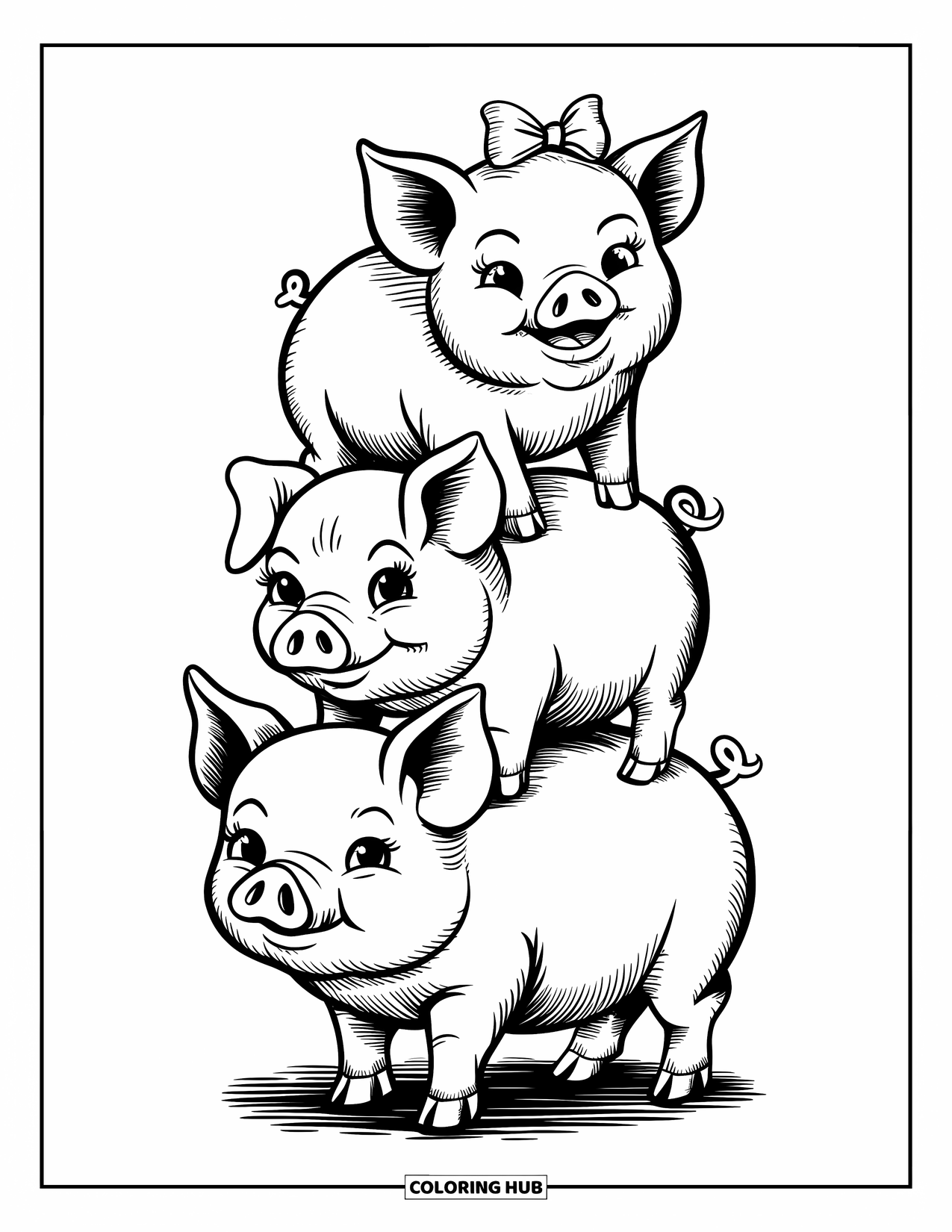 Desenho de Porco para Colorir para Adultos: Uma pilha instável de três leitões, com o leitão de cima parecendo vitorioso