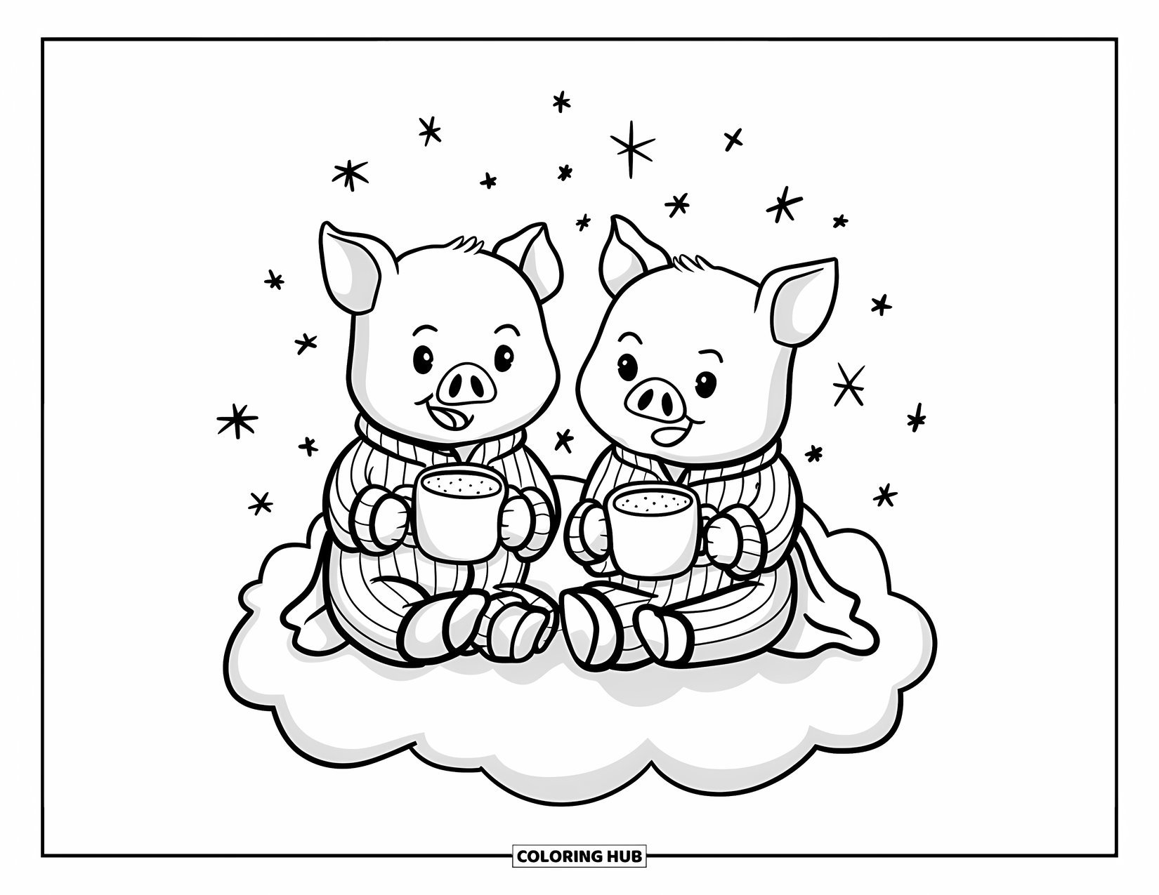 Desenho de Porco para Colorir para Adultos: Leitões relaxando em uma nuvem com chocolate quente, cercados por estrelas cintilantes