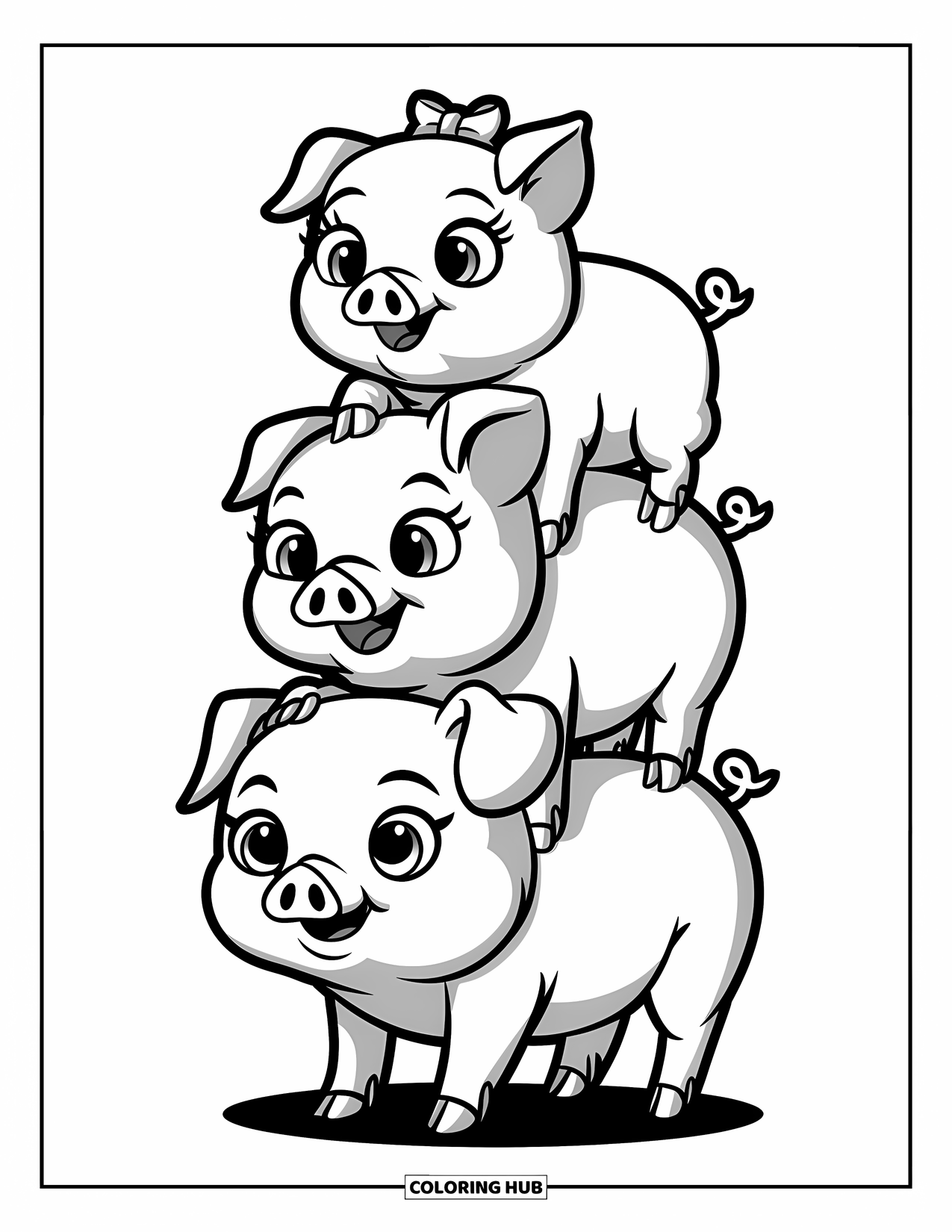 Desenho de Porco para Colorir para Adultos: Três leitões brincalhões empilhados uns sobre os outros, com o de cima usando um laço