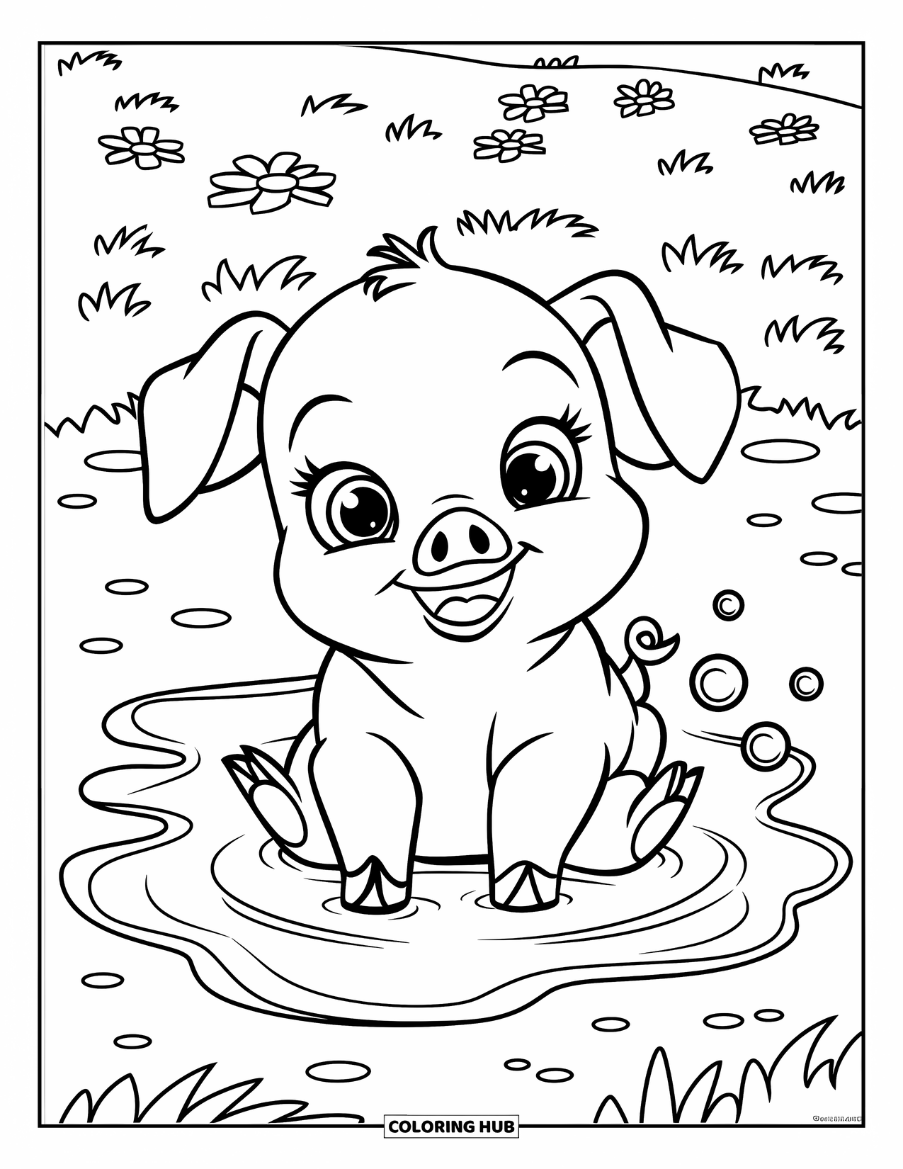 Desenho de Porco para Colorir para Crianças: Um bebê porco sentado alegremente em uma poça de lama com flores ao redor