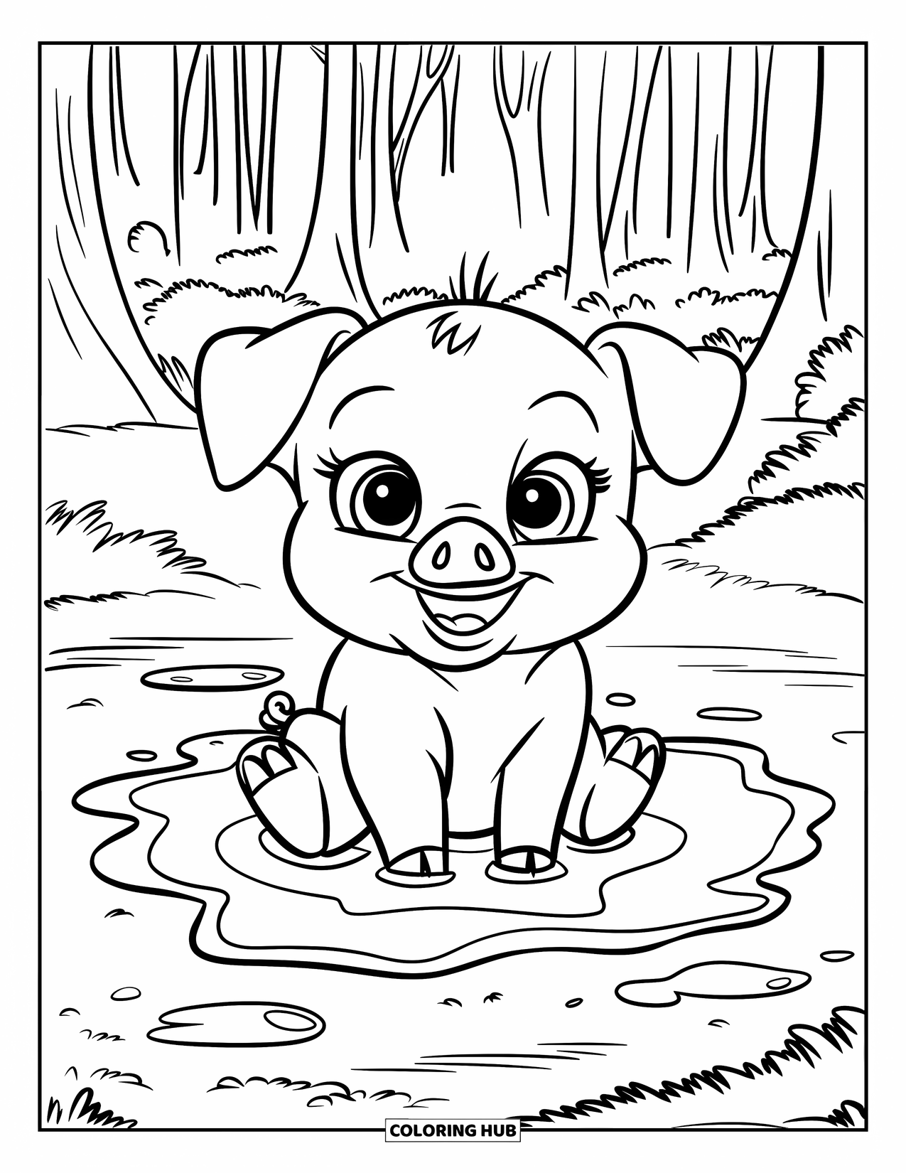 Desenho de Porco para Colorir para Crianças: Um bebê porco sentado em uma poça de lama, cercado por torrões de lama espalhados