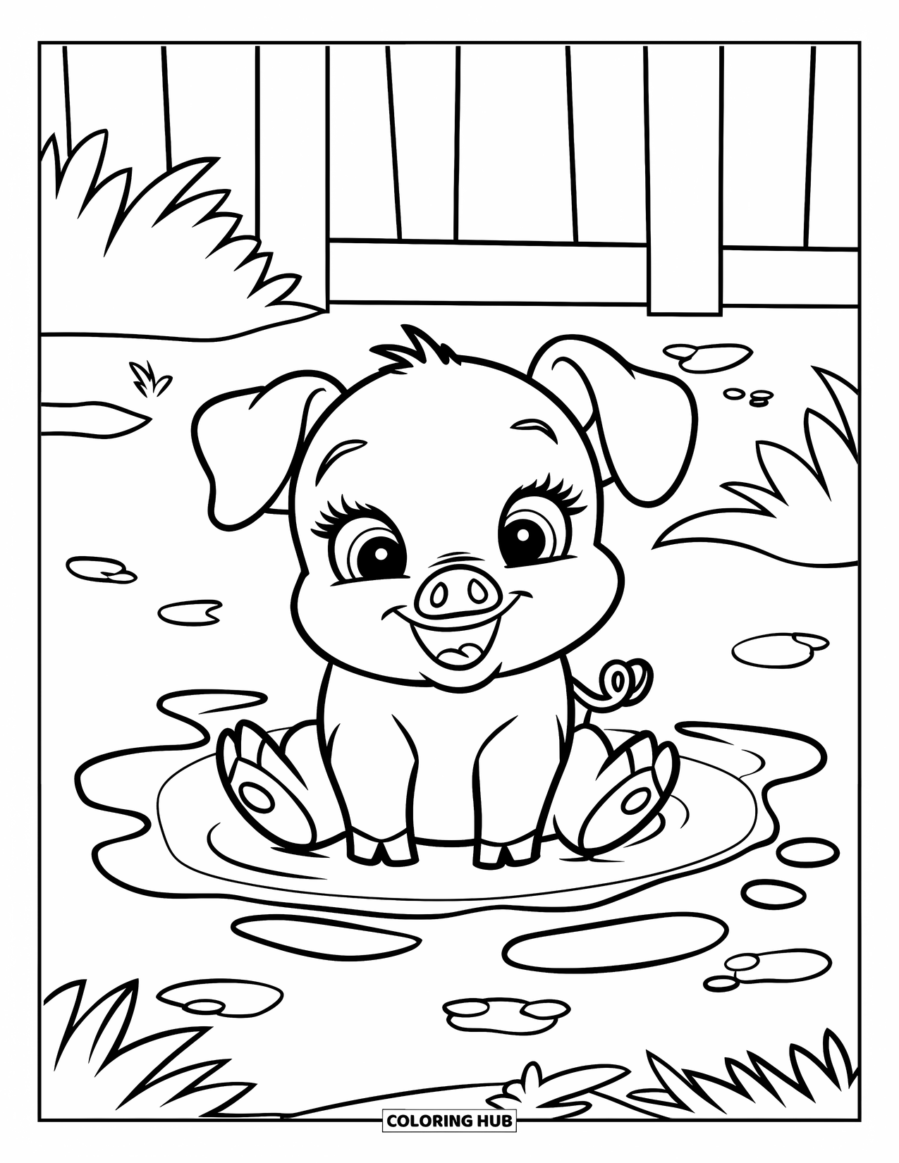 Desenho de Porco para Colorir para Crianças: Um bebê porco com orelhas caídas sentado na lama, deixando pegadas por perto