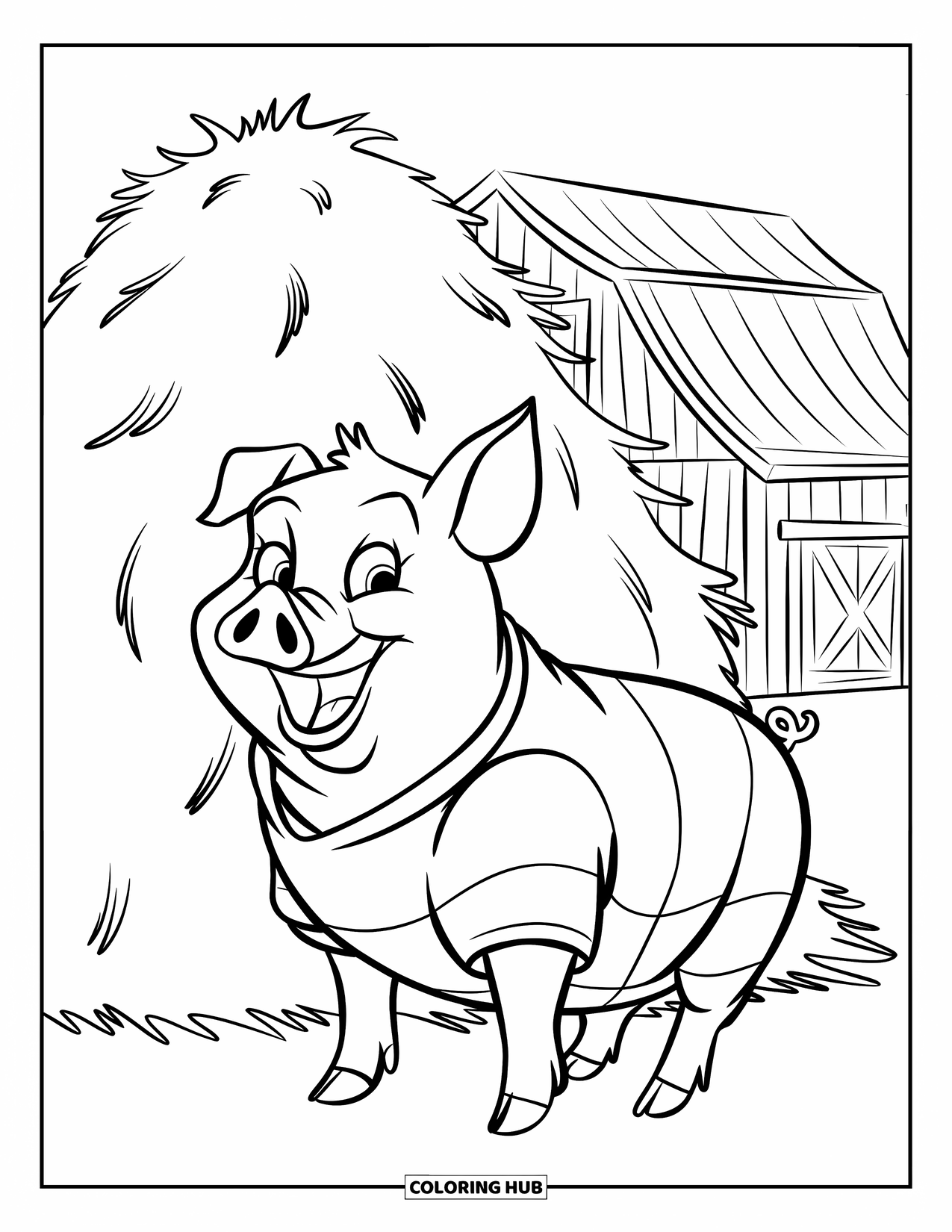 Desenho de Porco para Colorir para Crianças: Um porco alegre em uma camisa listrada em pé perto de um palheiro e um celeiro