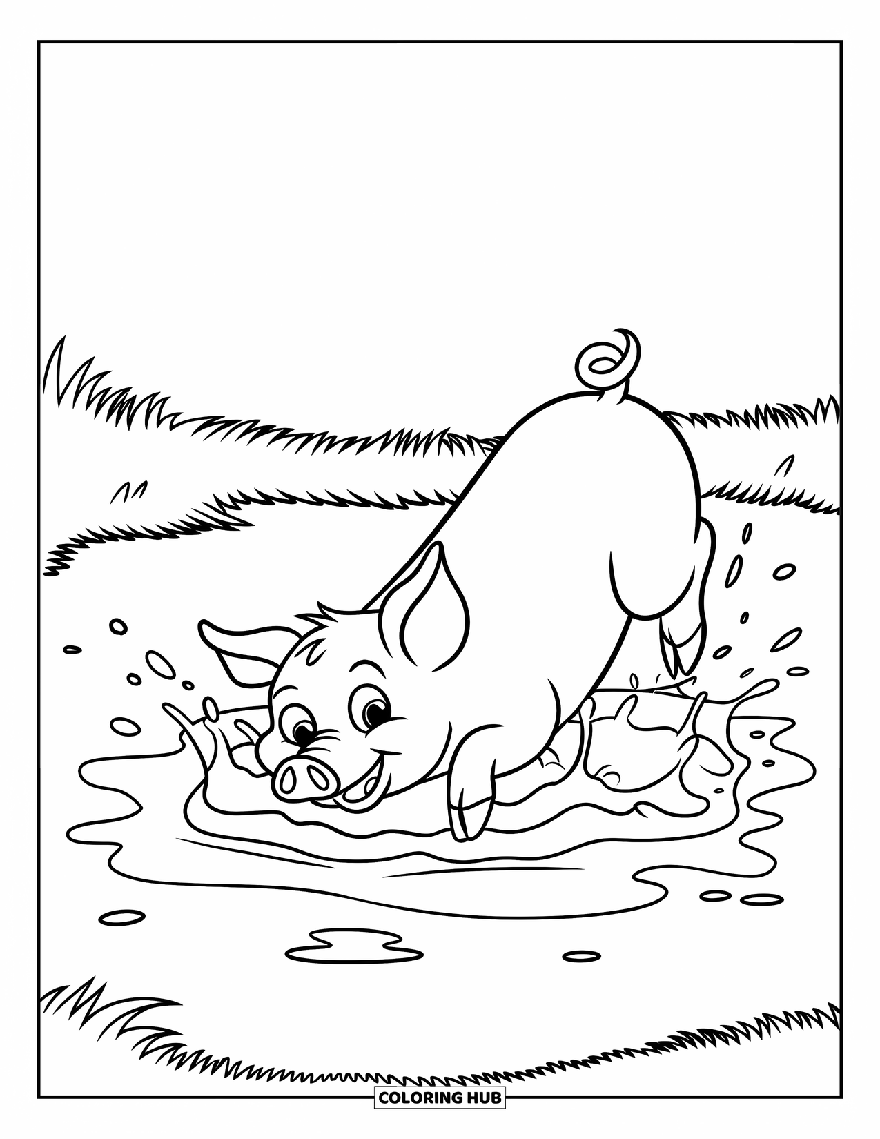 Desenho de Porco para Colorir para Crianças: Um porco alegre chapinhando em uma poça de lama em um campo verde exuberante