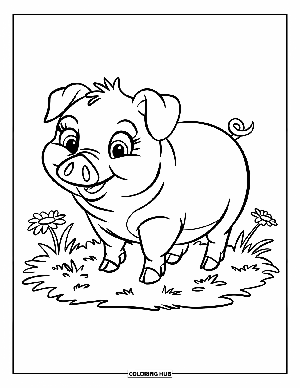 Desenho de Porco para Colorir para Crianças: Um porco fofo com um rabo encaracolado em pé em um pedaço de grama com margaridas