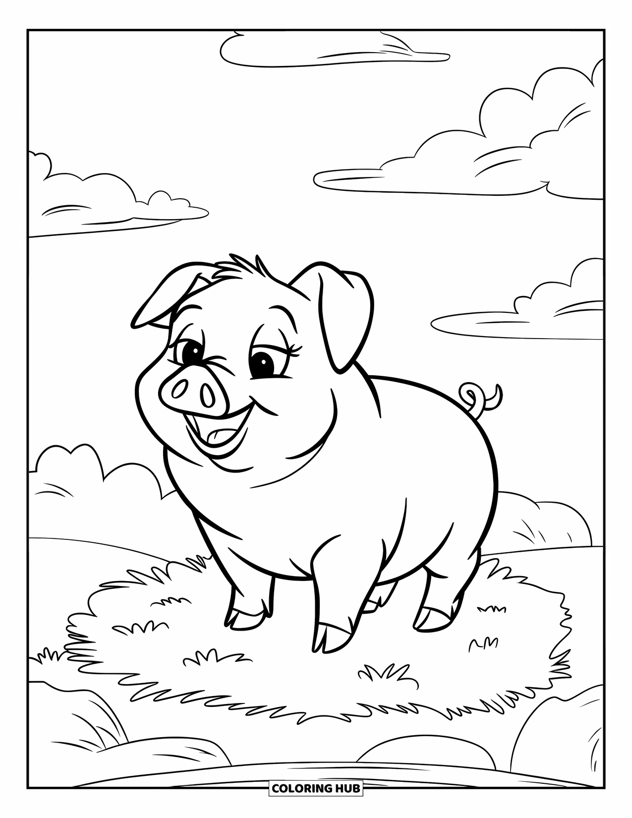 Desenho de Porco para Colorir para Crianças: Um porco feliz com pernas curtas e um rabo encaracolado em pé em um pedaço de grama