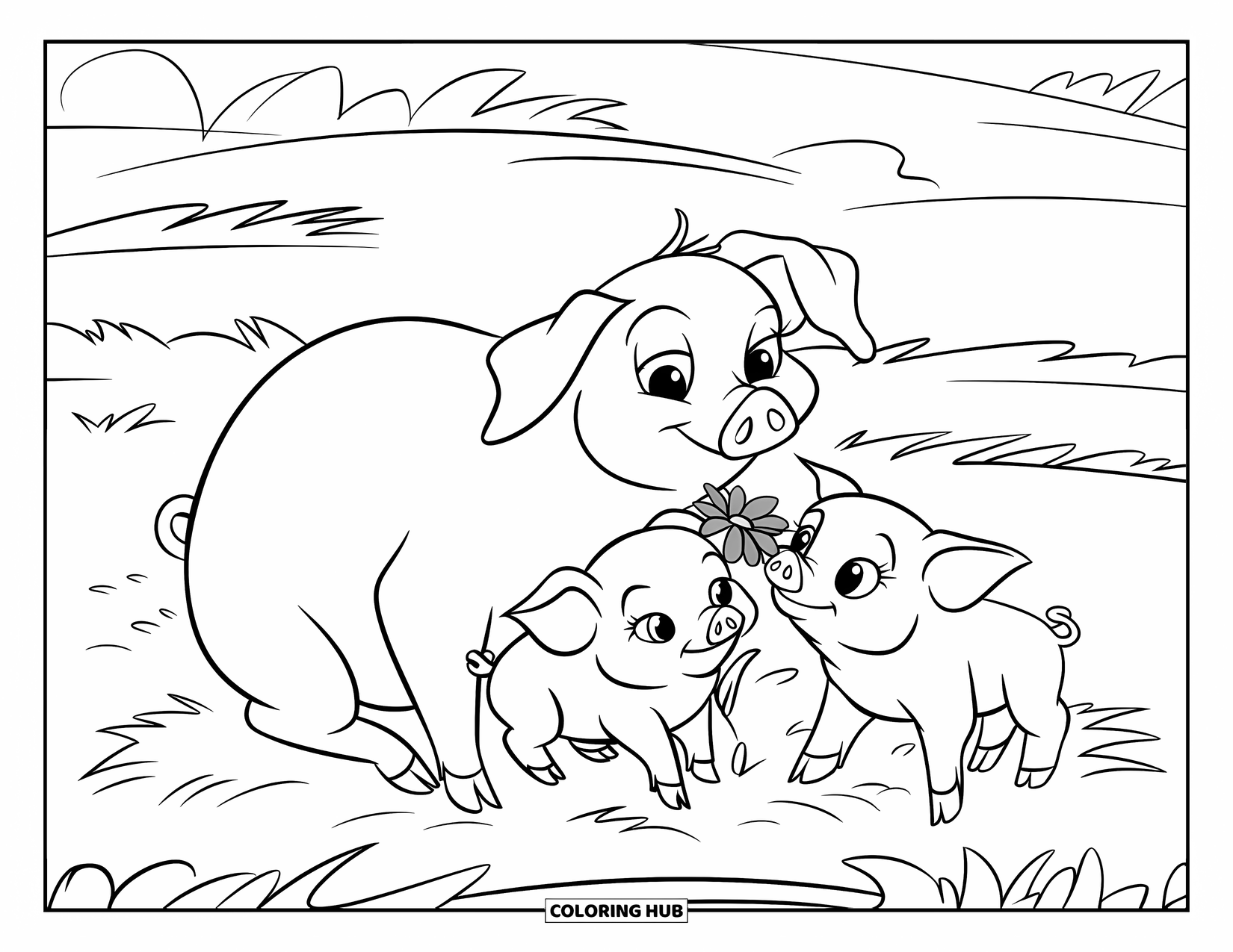 Desenho de Porco para Colorir para Crianças: Uma mãe porca segurando uma flor enquanto descansa com seus leitõezinhos na grama macia