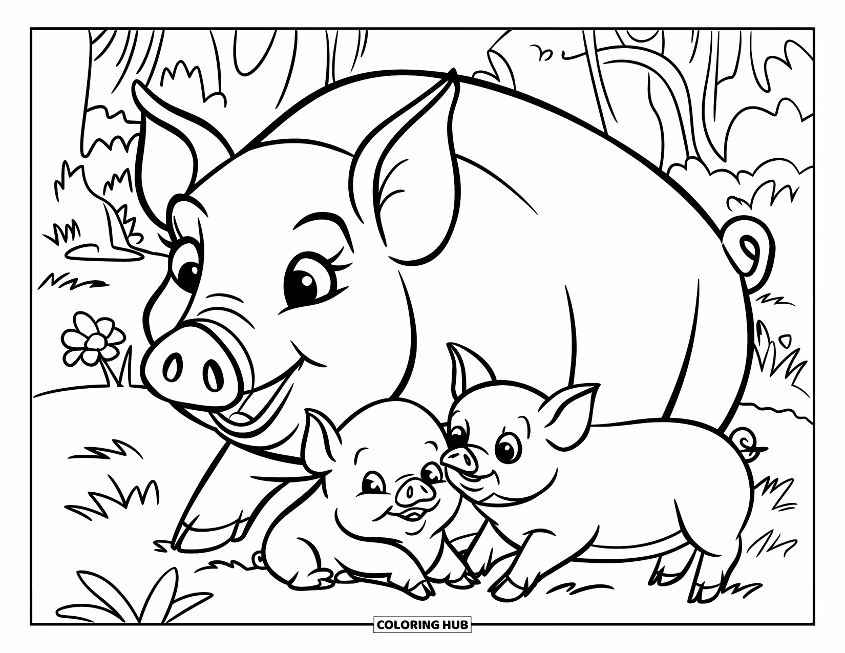 Desenho de Porco para Colorir para Crianças: Uma mãe porca aconchegada com seus dois leitõezinhos na grama macia com flores por perto