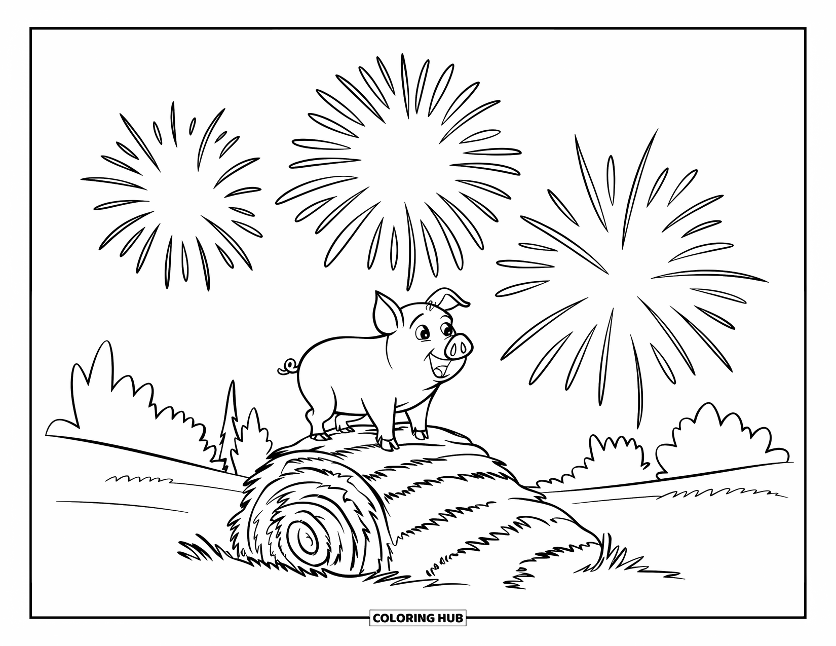 Desenho de Porco para Colorir para Crianças: Um porco se equilibra em fardos de feno enquanto fogos de artifício explodem sobre uma paisagem pacífica