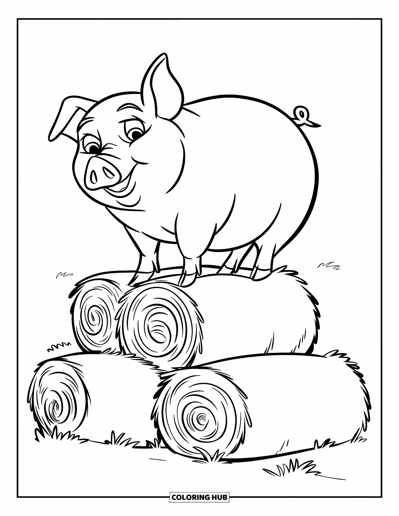 Desenho de Porco para Colorir para Crianças: Um porco fica curiosamente no topo de uma pilha de fardos de feno em um campo aberto