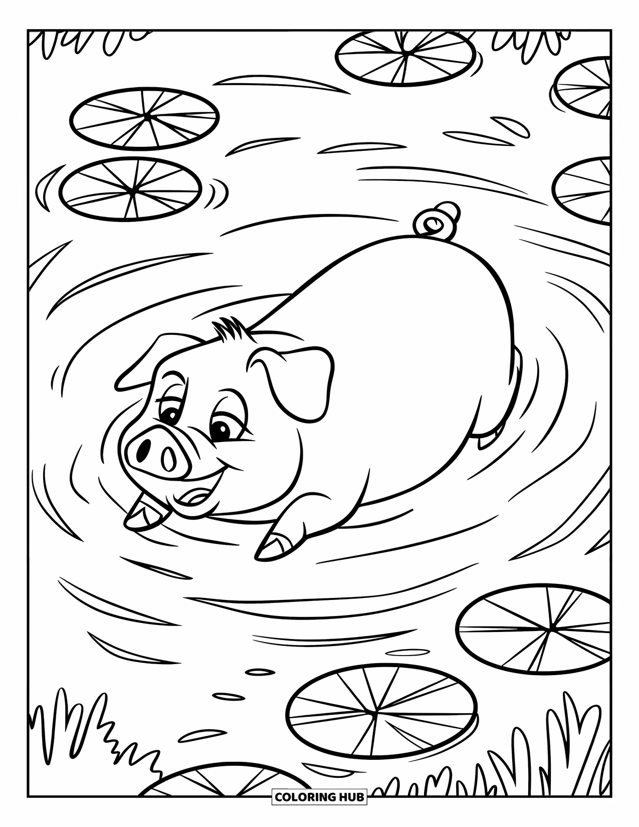 Desenho de Porco para Colorir para Crianças: Um porco flutua em um lago com nenúfares, criando ondulações na água calma