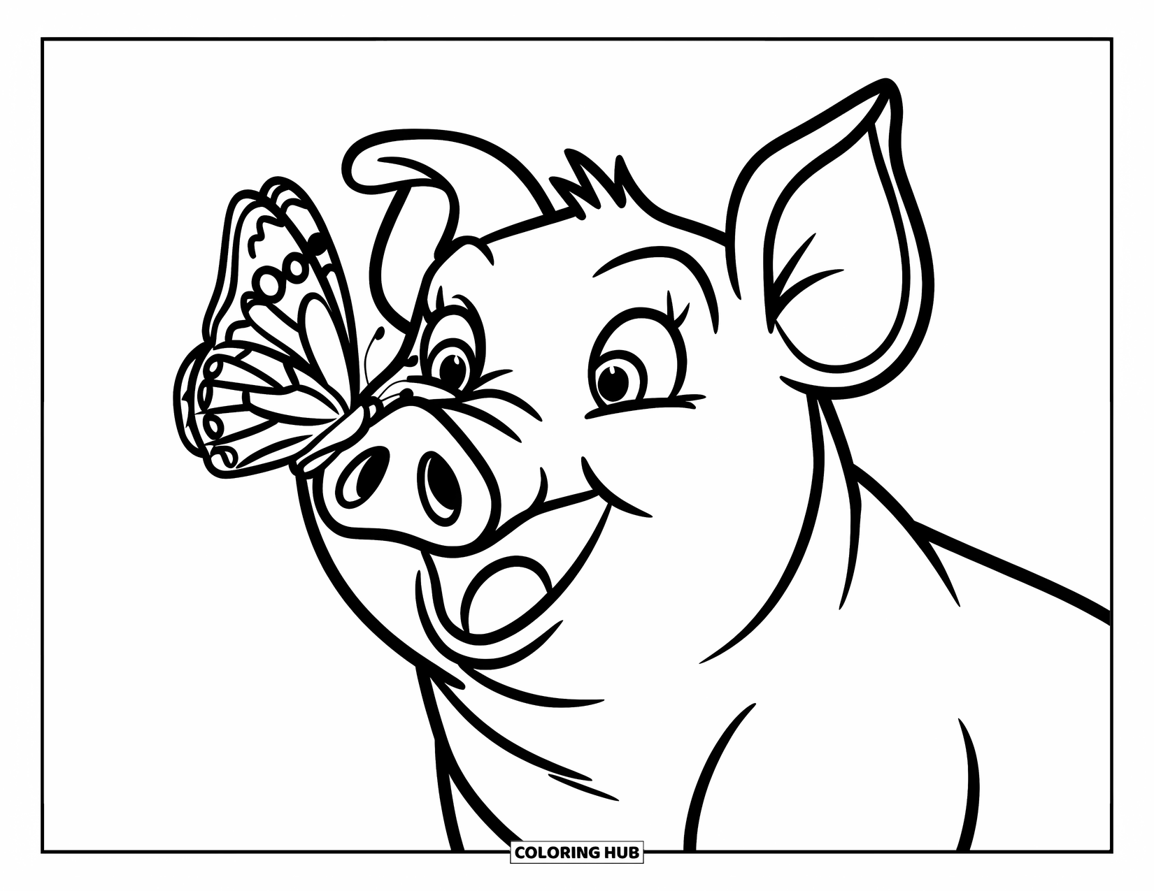 Desenho de Porco para Colorir para Crianças: Um porco olha surpreso para uma borboleta pousada suavemente em seu nariz
