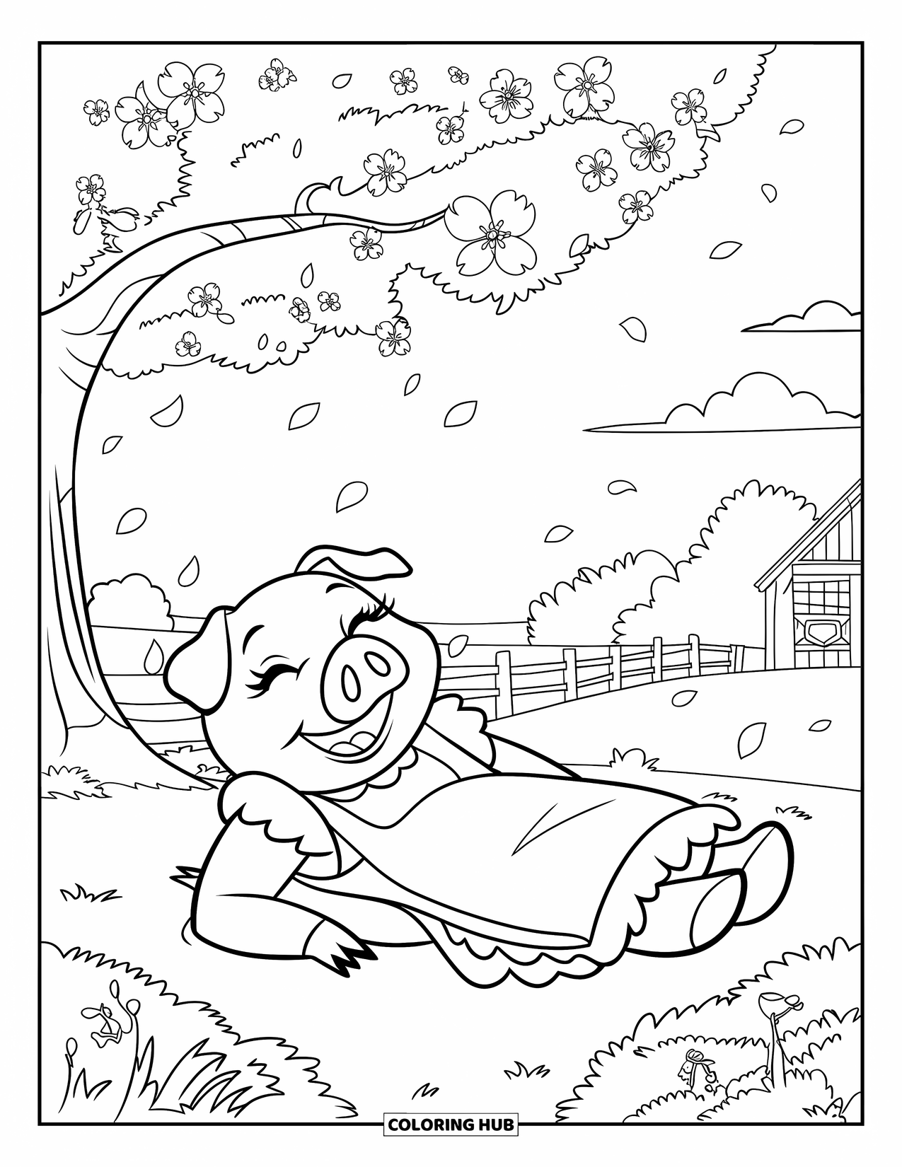 Desenho de Porco para Colorir para Crianças: Um porco de vestido e avental descansa sob uma cerejeira florida no campo