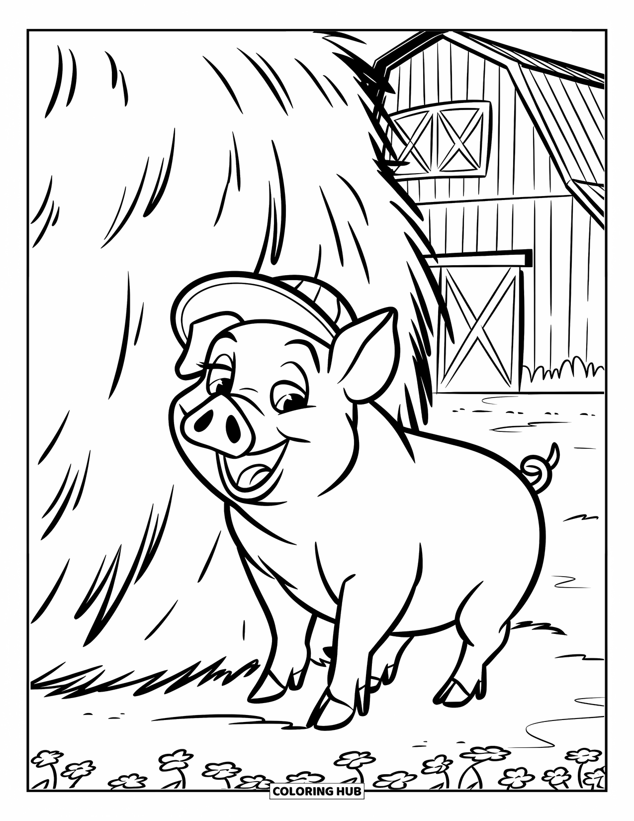 Desenho de Porco para Colorir para Crianças: Um porco com um chapéu verde em pé ao lado de um palheiro com um celeiro ao fundo