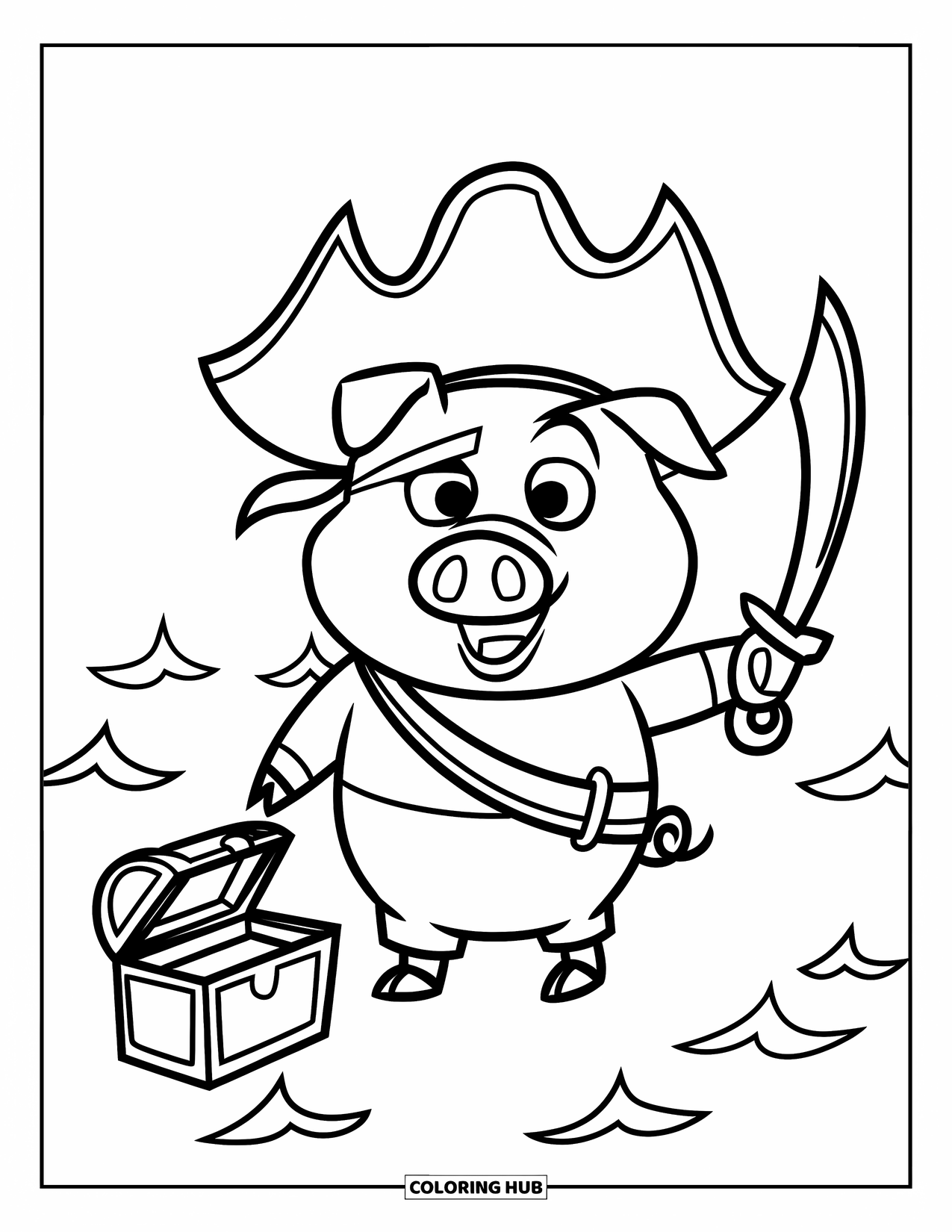 Desenho de Porco para Colorir para Crianças: Um porco com um chapéu e lenço de pirata fica perto das ondas, guardando seu baú de tesouro