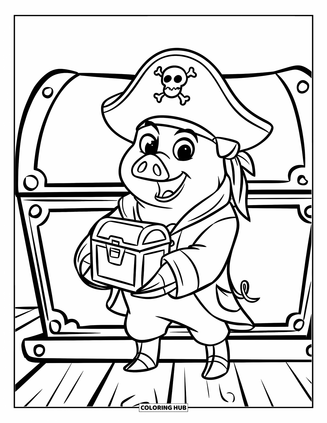 Desenho de Porco para Colorir para Crianças: Um porco em uma roupa de pirata segura um pequeno baú de tesouro em uma prancha de madeira