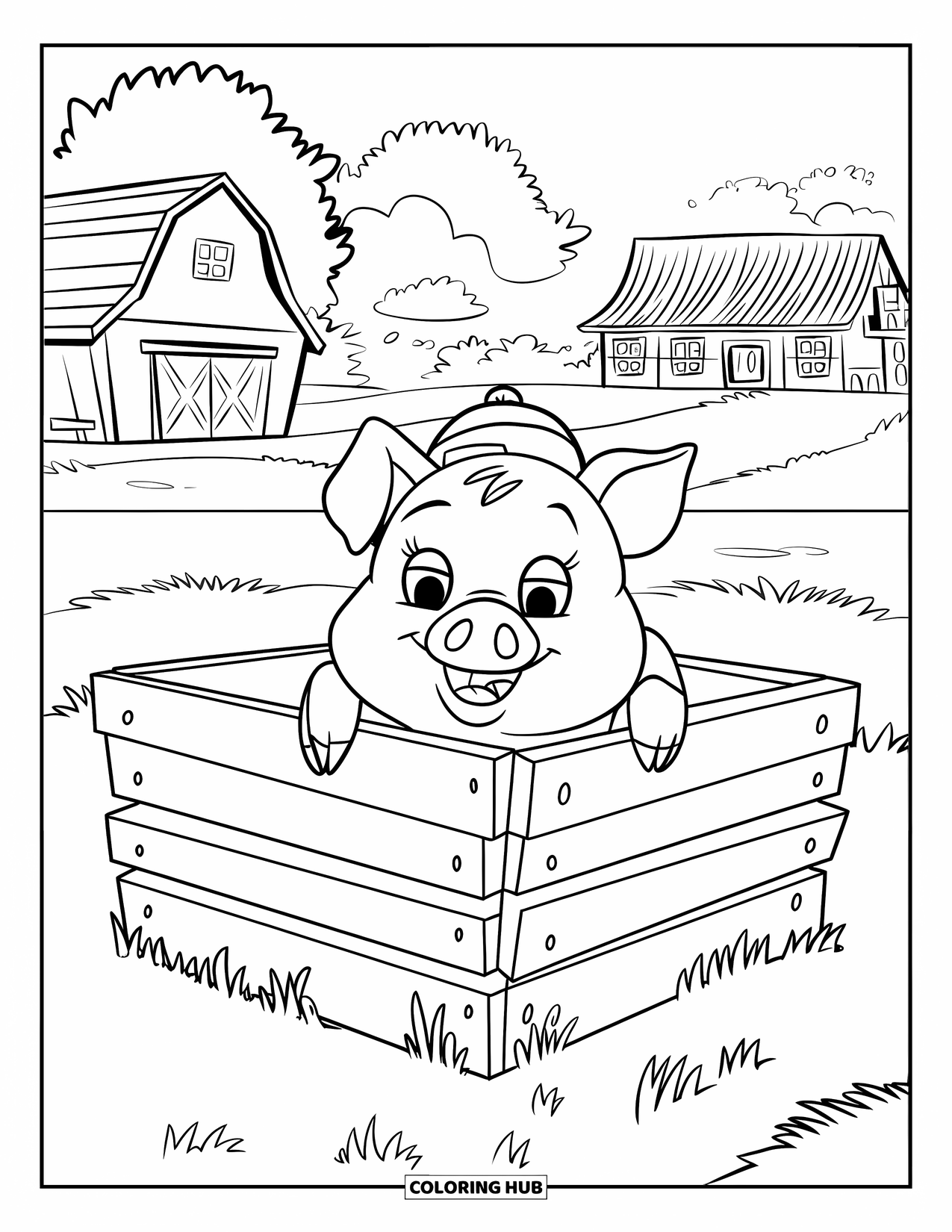 Desenho de Porco para Colorir para Crianças: Um porco em um pequeno cercado de madeira, usando um chapéu fofo com uma fazenda ao fundo