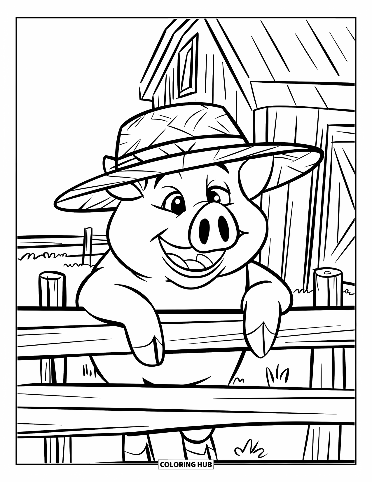 Desenho de Porco para Colorir para Crianças: Um porco com um chapéu de palha descansa contra uma cerca, sorrindo para a fazenda pacífica