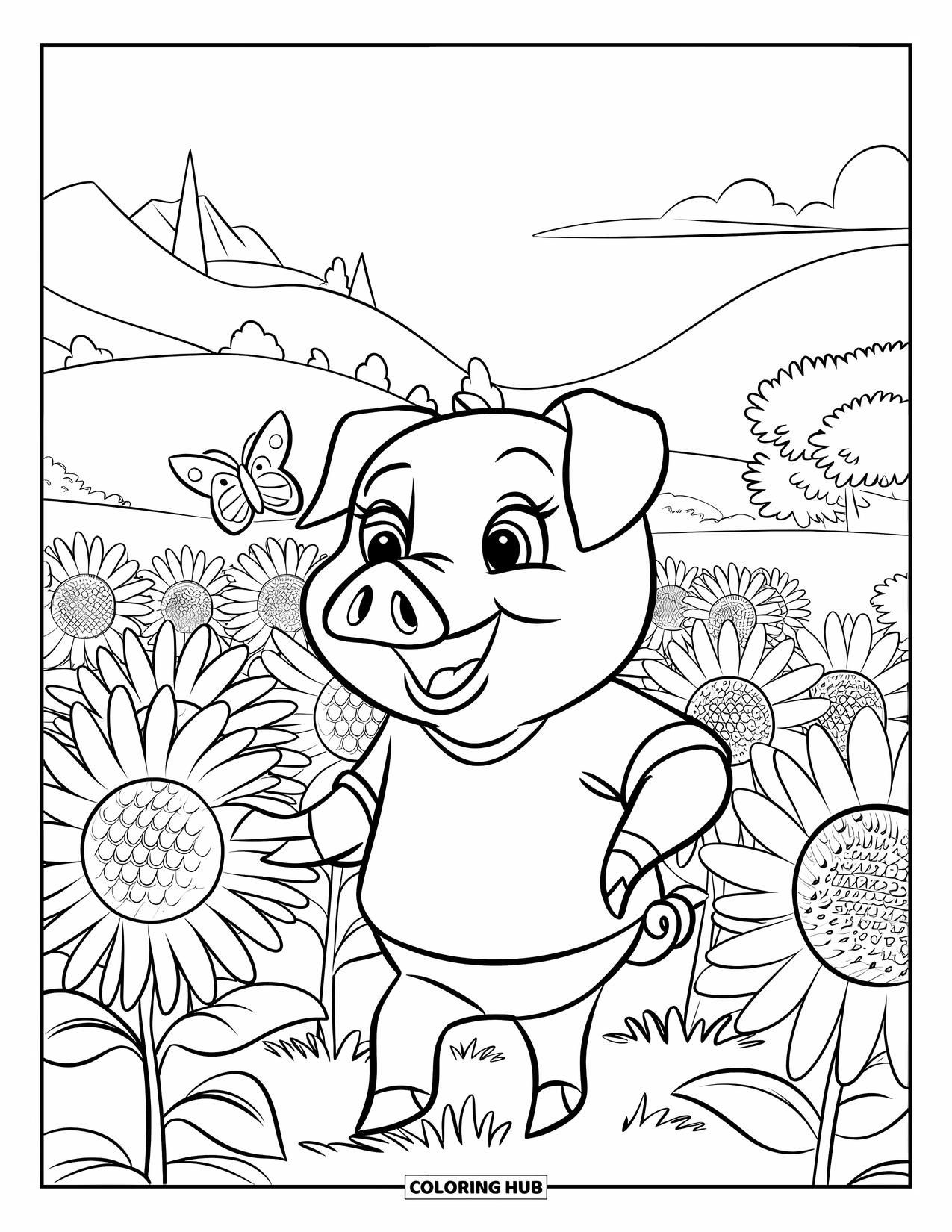 Desenho de Porco para Colorir para Crianças: Um porco em um campo de girassóis sorri alegremente enquanto duas borboletas voam por perto