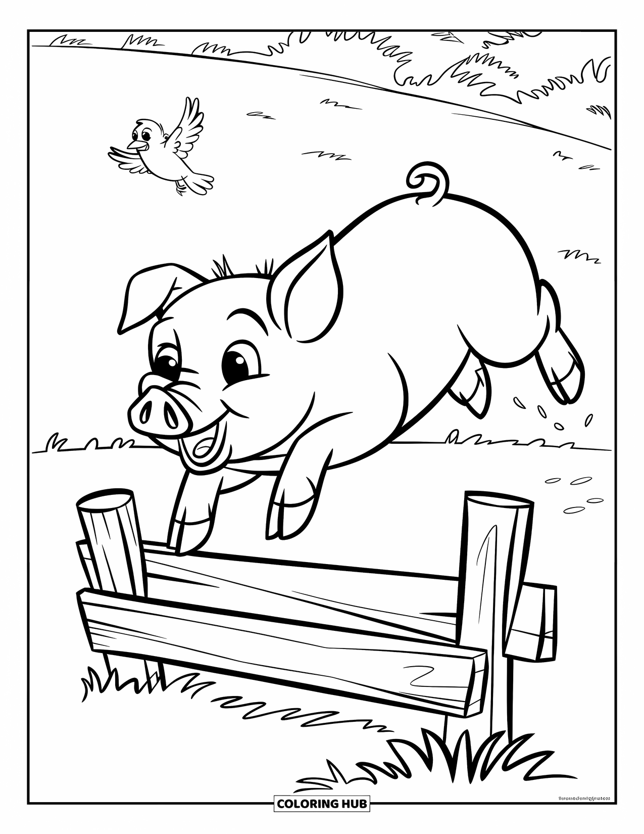 Desenho de Porco para Colorir para Crianças: Um porco pula uma cerca enquanto um pequeno pássaro voa ao lado dele