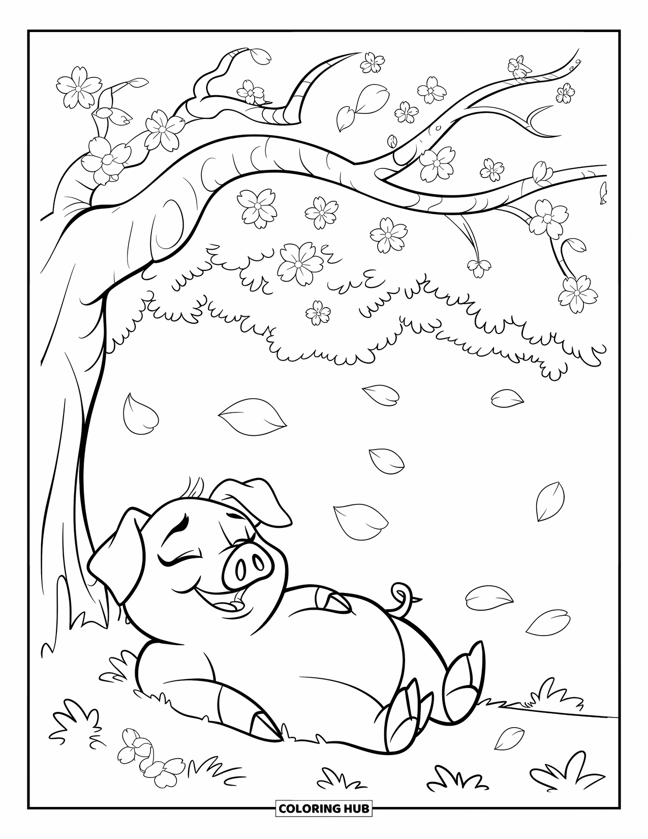 Desenho de Porco para Colorir para Crianças: Um porco relaxa sob uma cerejeira florida enquanto pétalas flutuam suavemente pelo ar