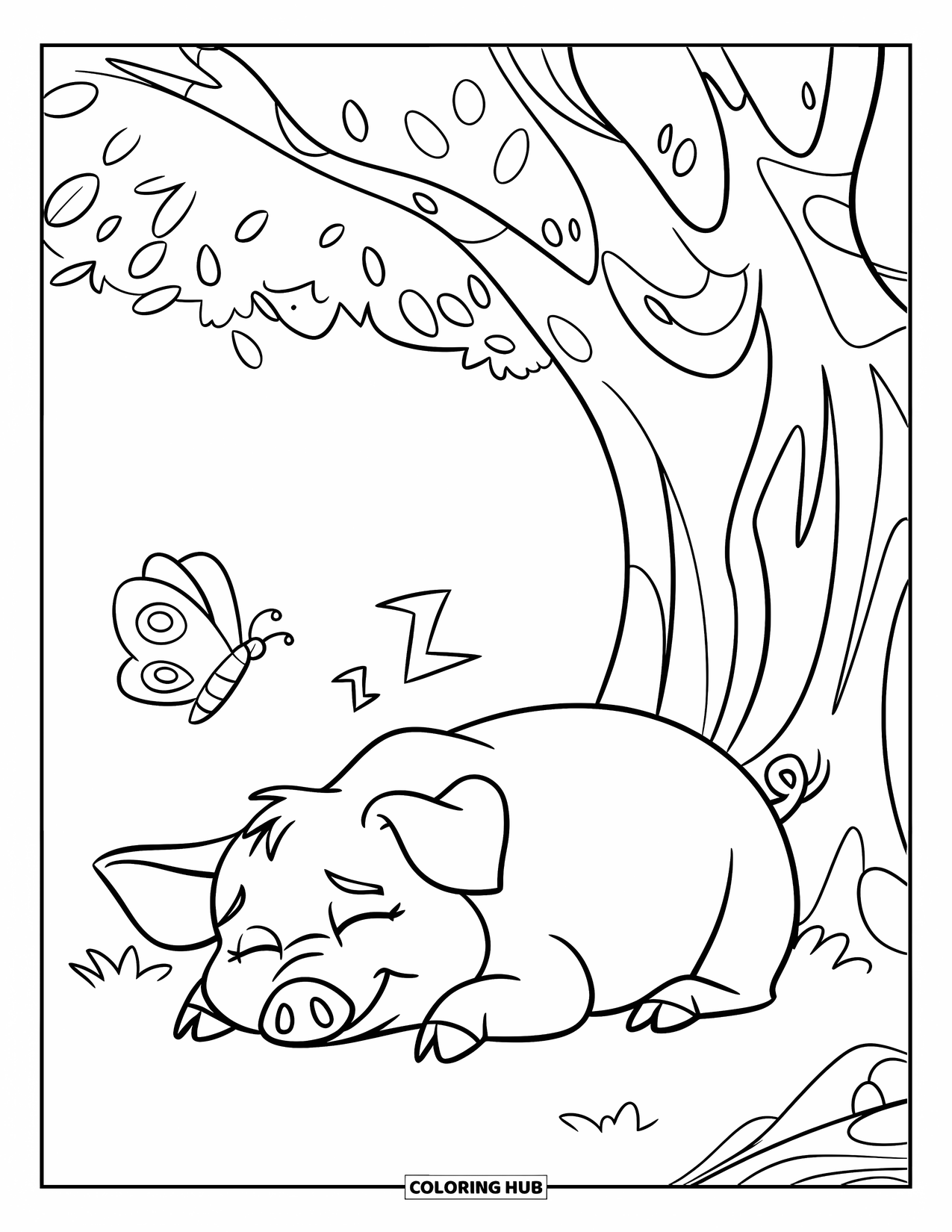 Desenho de Porco para Colorir para Crianças: Um porco dormindo sob uma árvore sombreada enquanto uma borboleta voa por perto