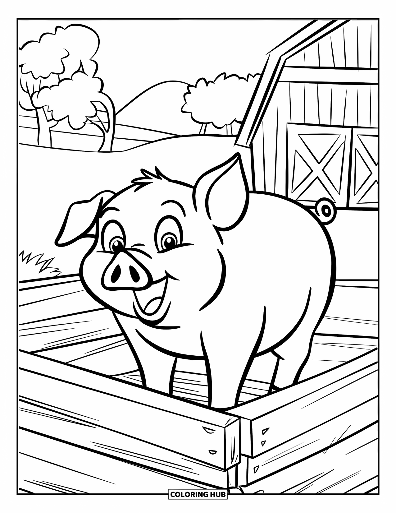 Desenho de Porco para Colorir para Crianças: Um porco em pé dentro de um cercado de madeira em uma fazenda simples com árvores e um celeiro