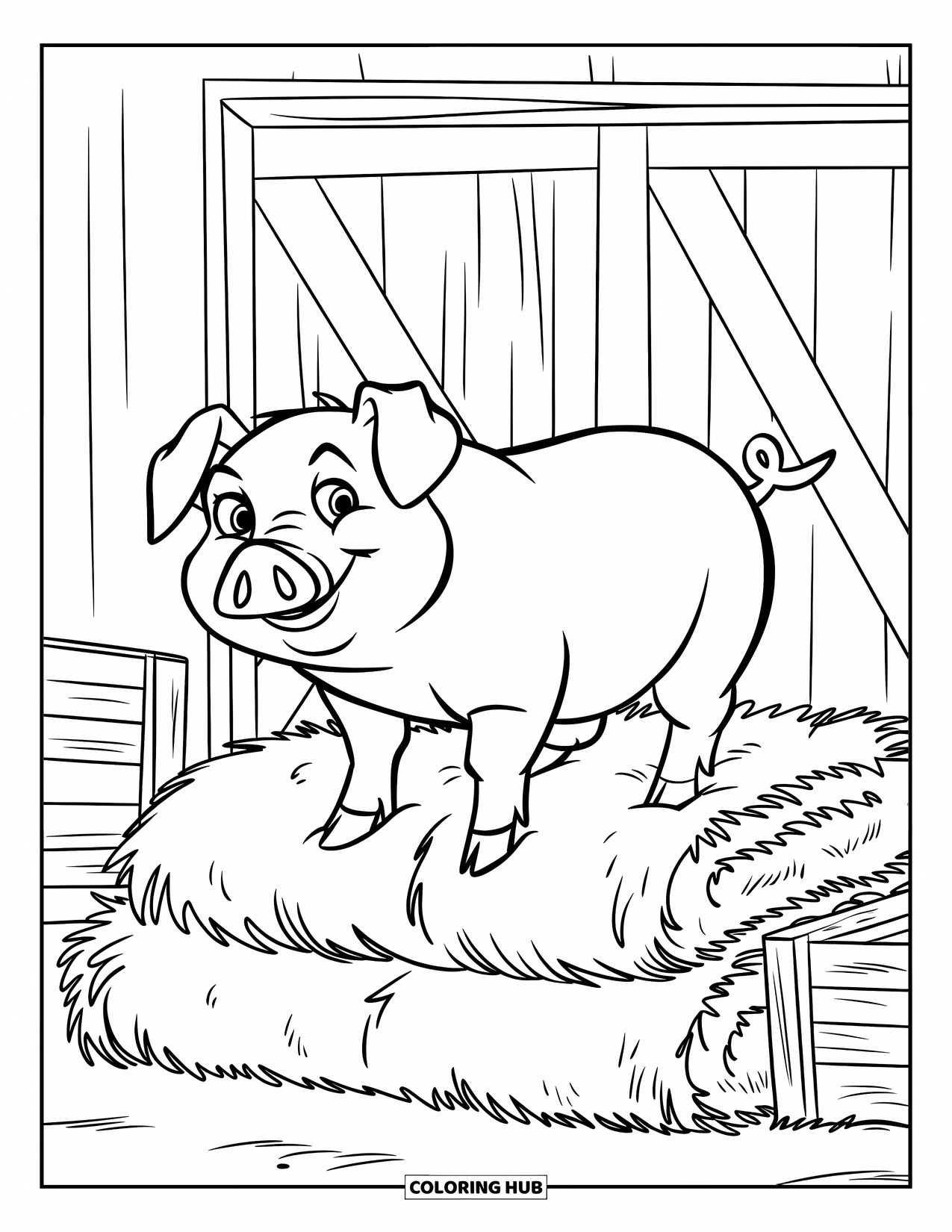 Desenho de Porco para Colorir para Crianças: Um porco fica em cima de fardos de feno empilhados perto de um engradado de madeira e um celeiro