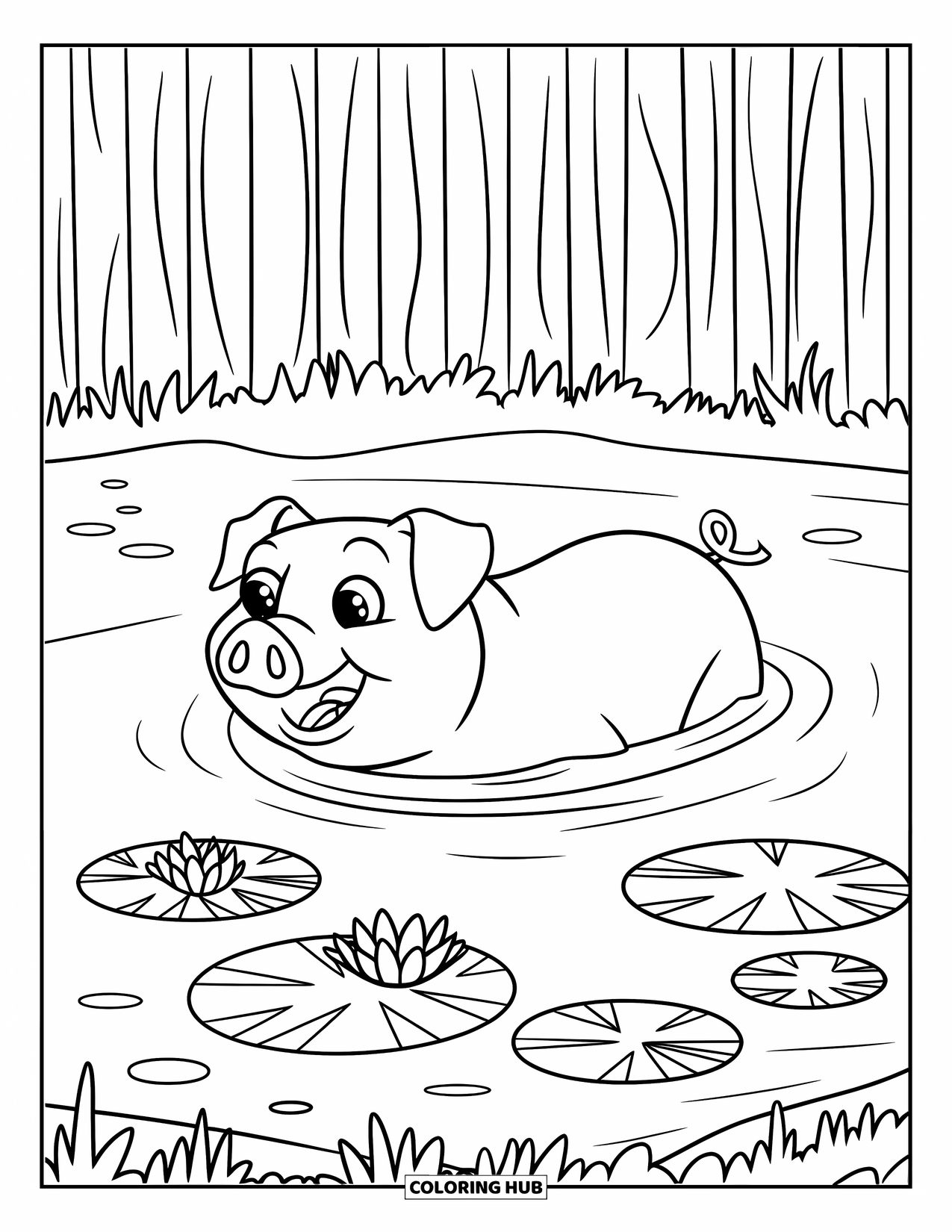 Desenho de Porco para Colorir para Crianças: Um porco nada em um lago perto de uma cerca de madeira, apreciando o ambiente tranquilo