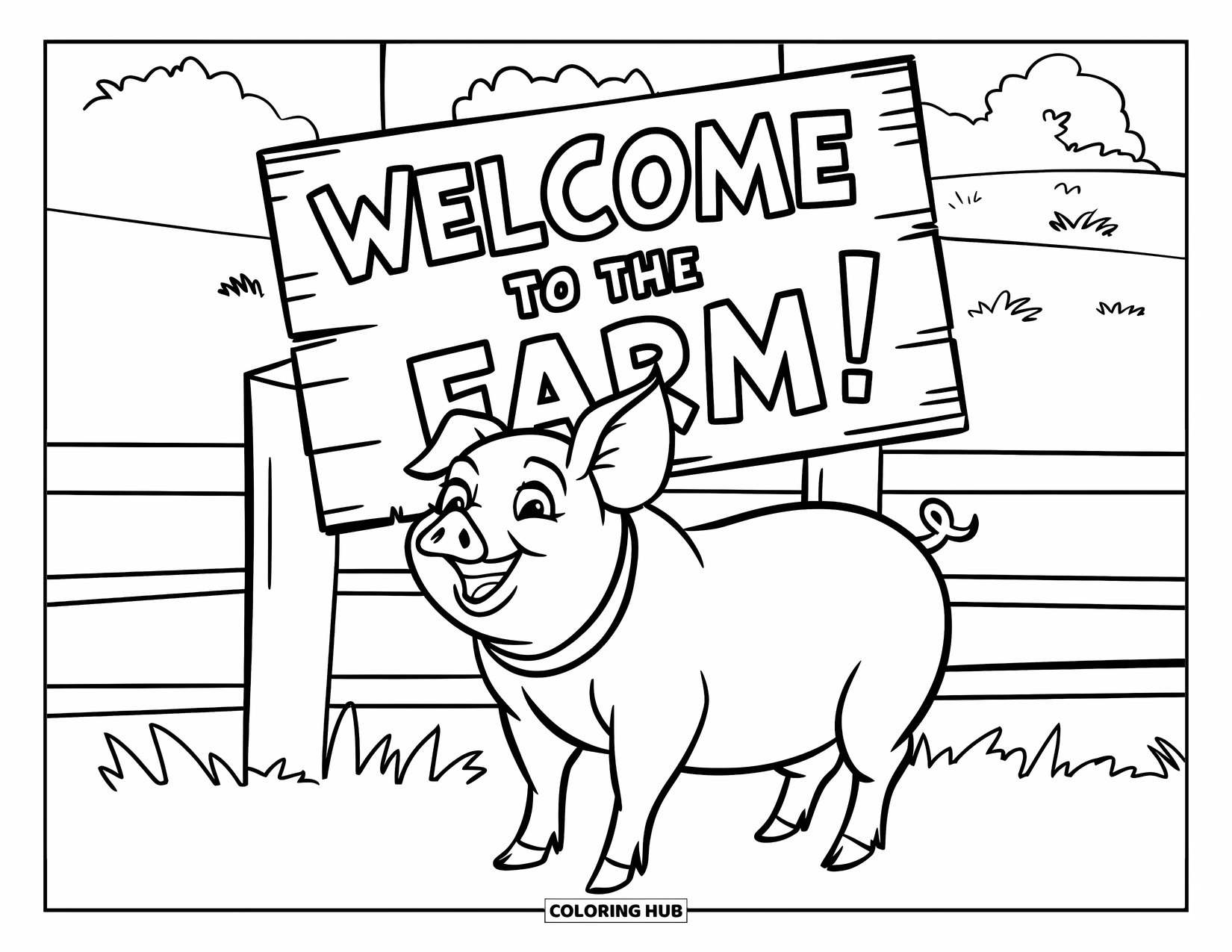 Desenho de Porco para Colorir para Crianças: Um porco usando uma coleira sorri em frente a uma placa de fazenda de madeira perto de uma cerca